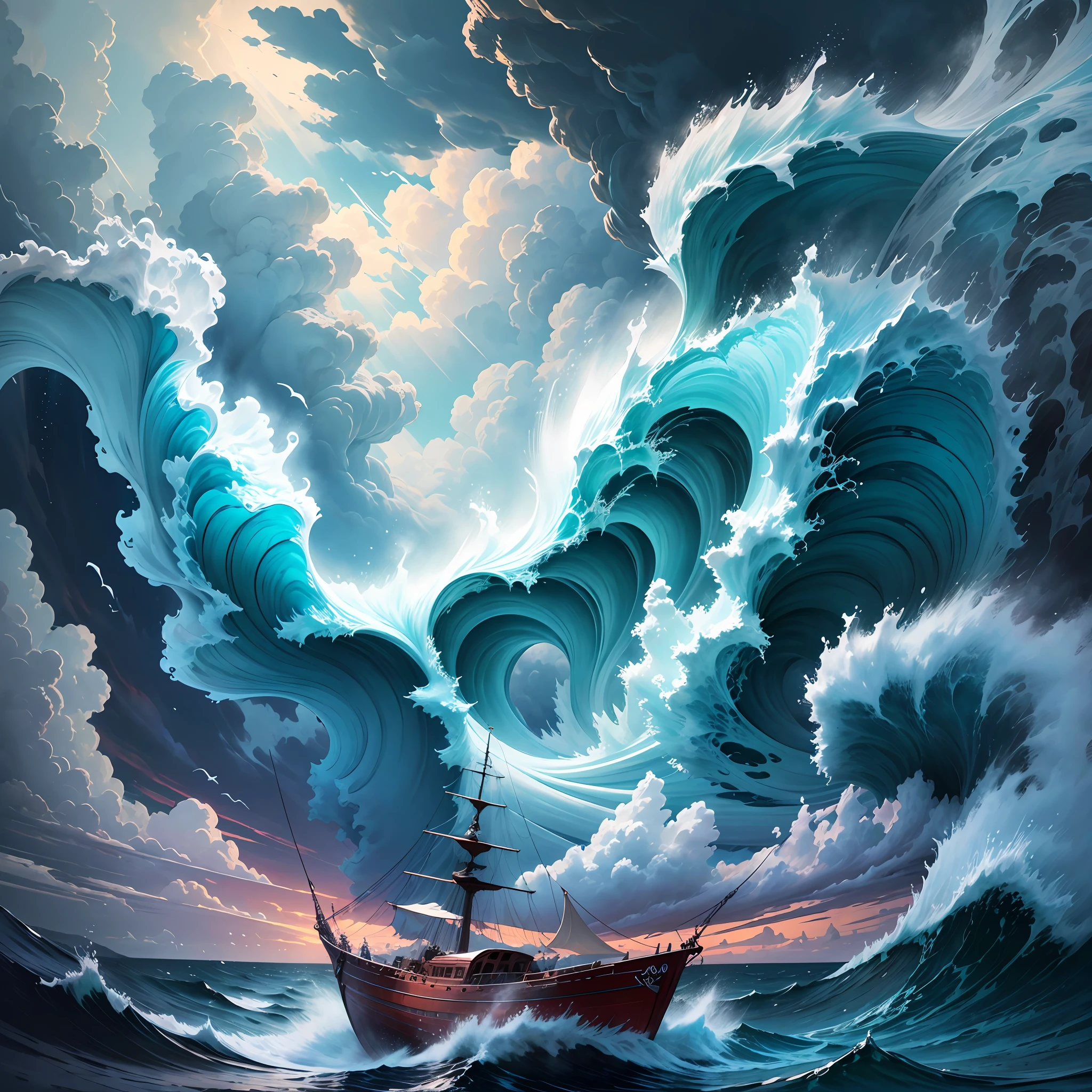 there is a boat that is in the water with a lot of waves, a ship lost in a storm, by Tadeusz Pruszkówski, dramatic nautical scene, stefan koidl inspired, by László Balogh, by Jakub Różalski, in a storm, by Ludwik Konarzewski Jr --auto --s2