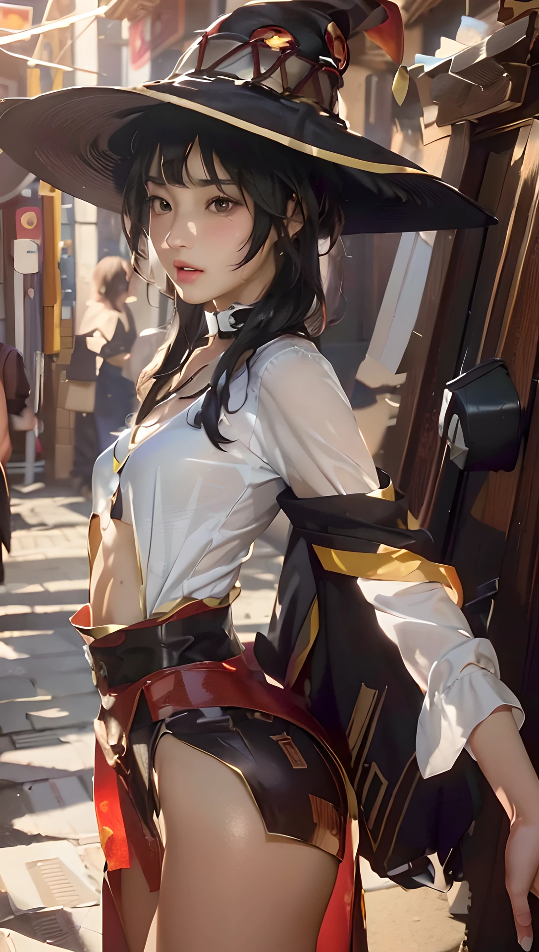 Best Quality, Masterpiece, Ultra High Resolution, (Photorealistic: 1.4), 8K Raw Photo, (Fractal Art: 1.4), Dramatic Lighting, Dynamic Lighting, Professional Lighting, Cinematic Lighting, Highly Detailed, Official Artwork, Flawless, Sharp Focus, depth of field, exquisite details and textures, delicate and beautiful, lens flare, absurd, ray tracing, immersive atmosphere, (knee-length shot: 1.3) 1girl, an attractive young woman, woman, sexy and attractive, supermodel, goddess aura, realistic hair, detailed hair, hair blowing, seductive expression, full of stimulation expression, moan, shy, look at viewer, happy, glowing skin, finely detailed skin, clavicle, ( pert natural breasts : 1.2), (small breasts: 1.2), perfect round ass, (beautiful and aesthetic: 1.2), slim waist, beautiful detailed thigh, (perfect female figure), (symmetrical body shape), long legs, (((Megumin, cowboy shot))), (dynamic angle: 1.2), (third_composition rule: 1.2), (detailed face: 1.2) ), (detailed eyes: 1.2), (detailed background), (realistic:1.2), (realism), (masterpiece:1.2), (ultra detailed), (best quality), intricate, cinematic lighting, cinematic comprehensive, portrait photography, magic photography,