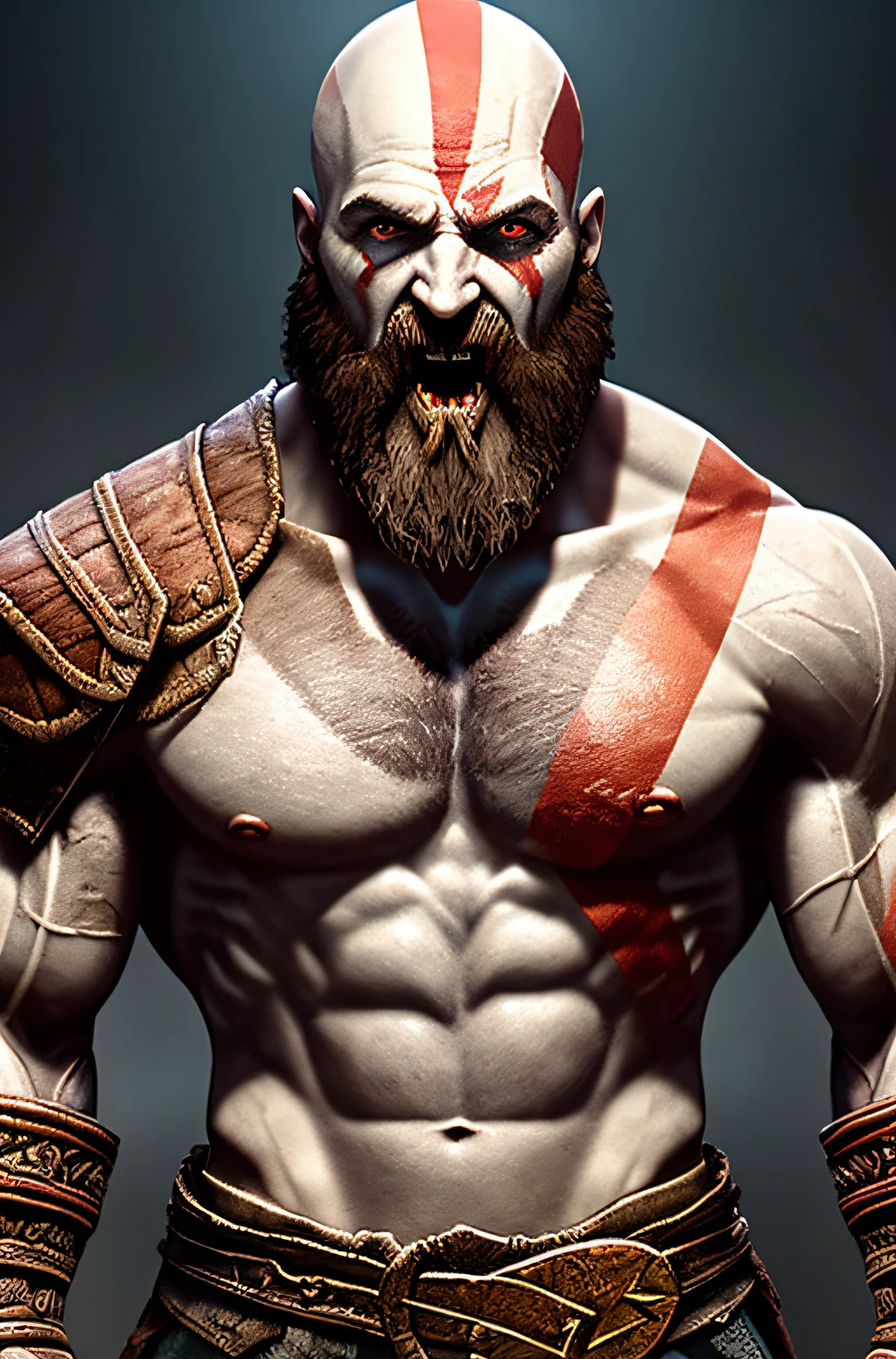 God of war game, a portrait of a laughing, toxic, muscle, god, elder, epic realistic, faded, (((hdr))), hyperdetailed, cinematic, warm lights, intricate details