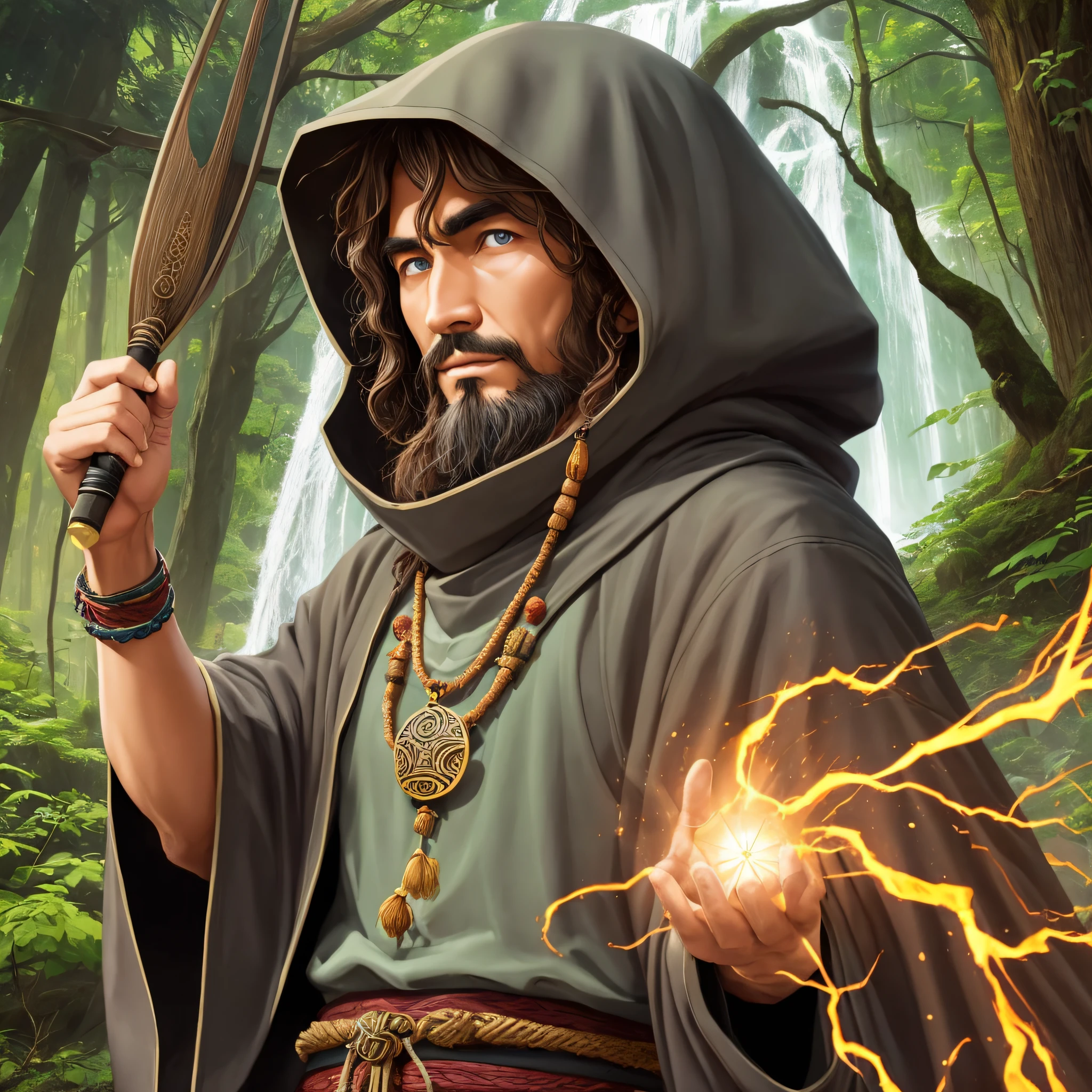 Enigmatic sage made of pure energy, small with big brown hood and big black braba, forest man, waterfall, stream, amulet --auto --s2
