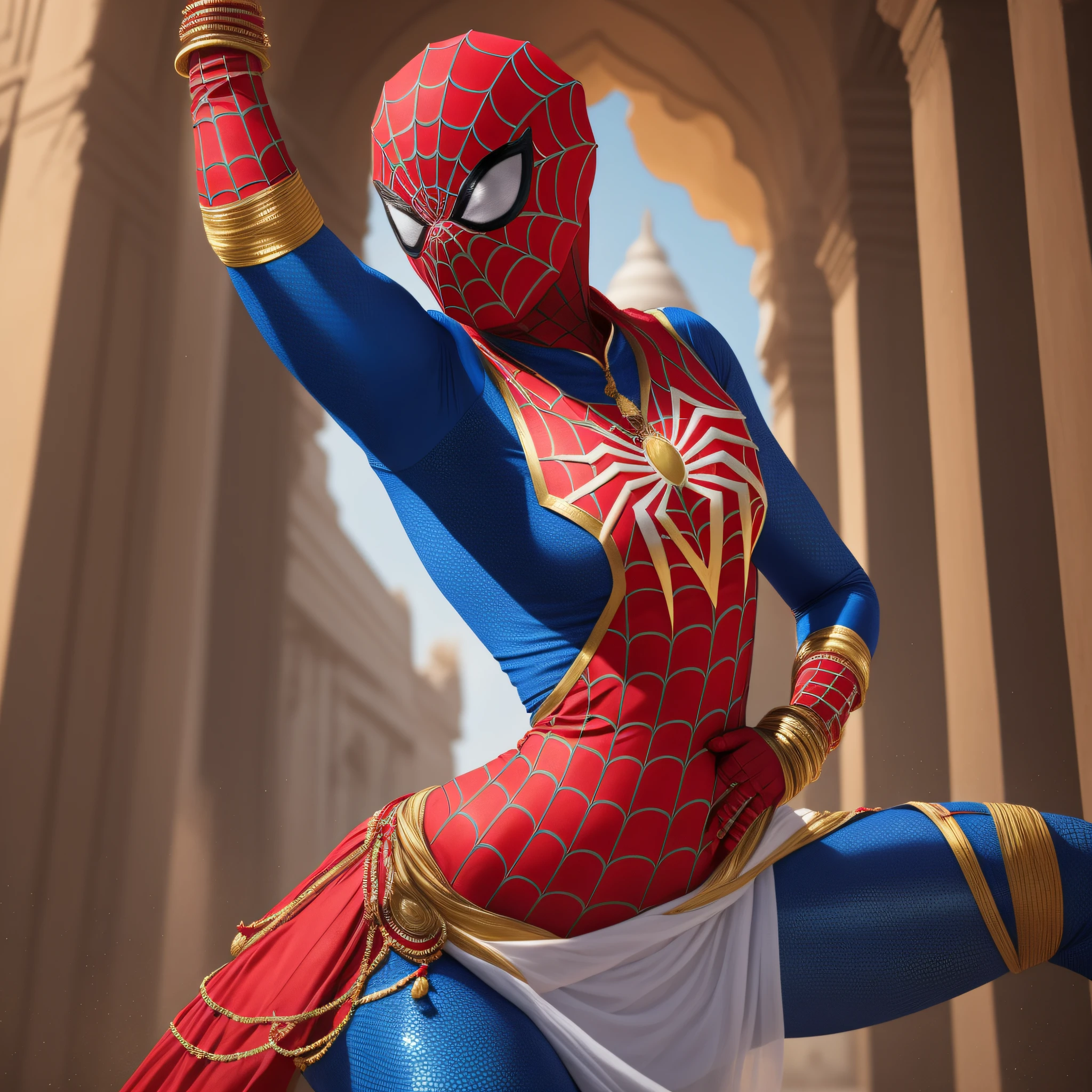 female indian dancer represented as a female spider-man costume (including gold, red, blue, white and black colours), feminine figure, traditional indian dancer inspired costume