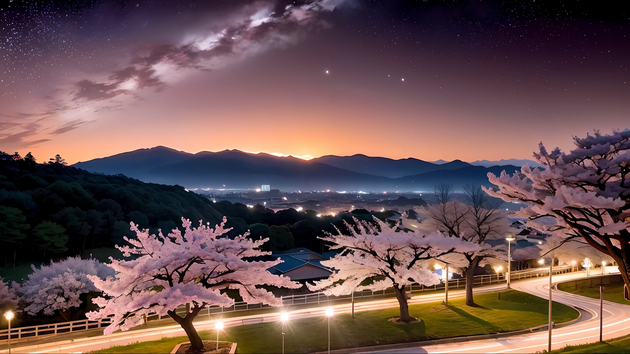 Ghibli Anime Countryside and City Japan Cherry Blossom Trees Night Cherry Blossoms Starry Sky 8K