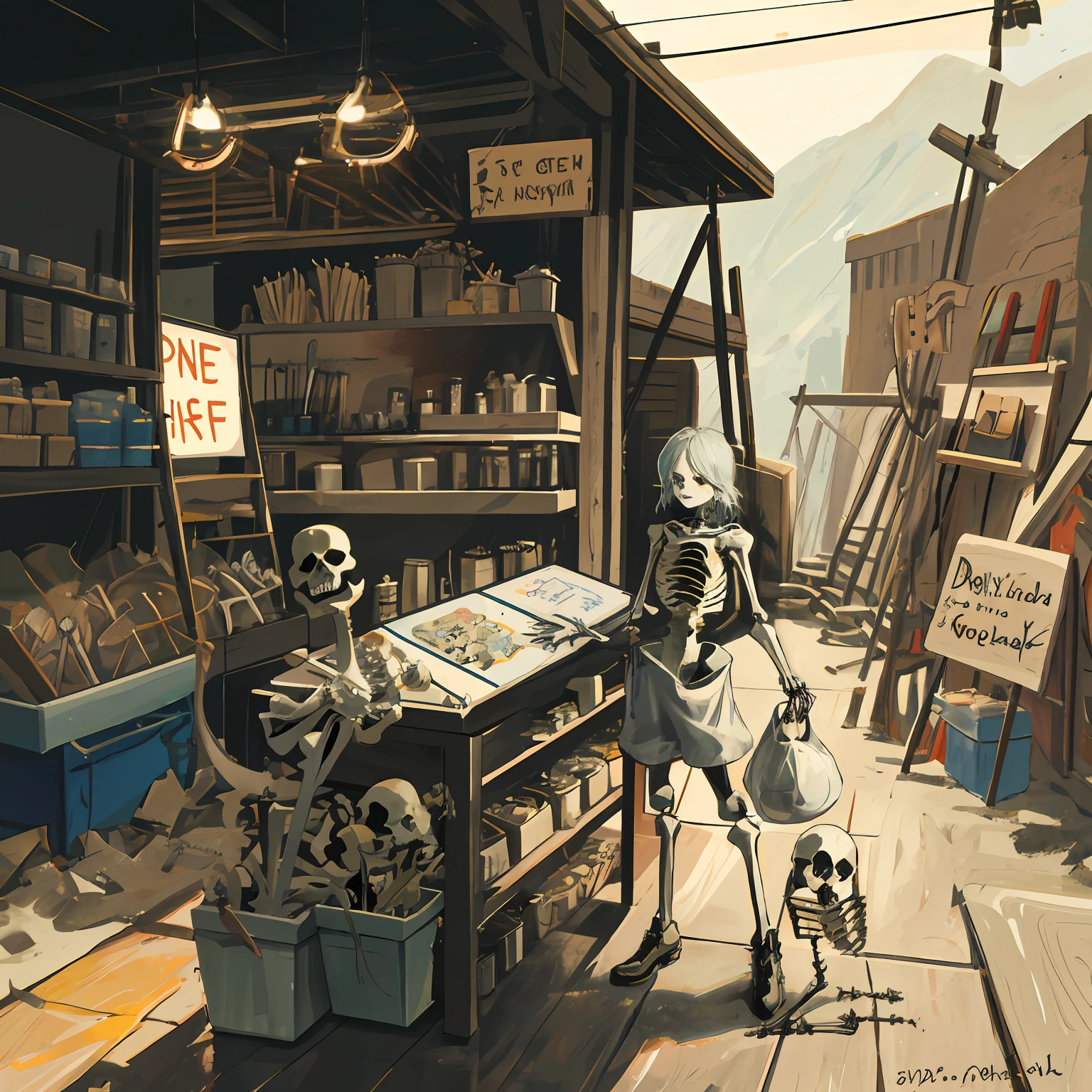A digital art with a hand of a skeleton making a sign of rock holding tools used to make wrapping such as spatulas and stylus
