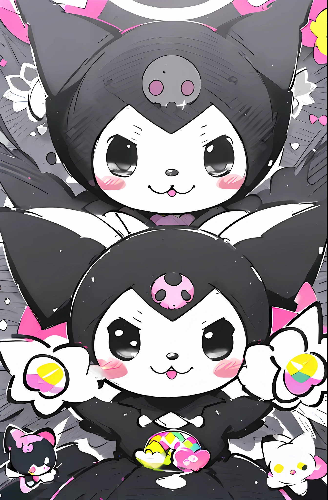 ((Kuromi)) ((black and white colors)), ((cute and kawaii)), pop art, vibrant sunflowers, background of an adorable city, ((Sanrio style)), playful expressions, bright stars in the background. ((HD)) ((4K)) ((artwork) ((symmetrical)) ((adorable colors))