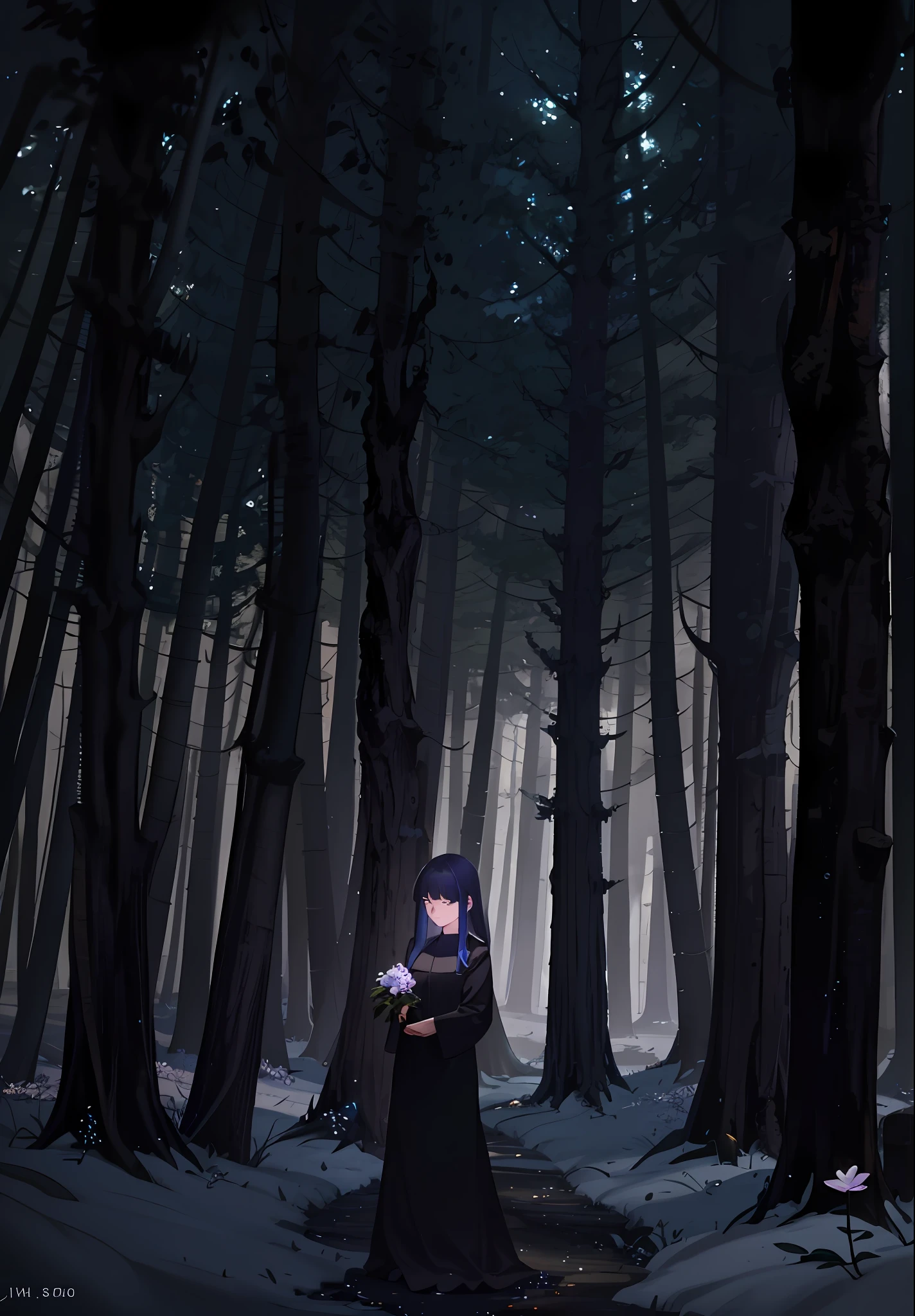 there is a woman standing in the woods holding a flower, girl walking in dark forest, standing in a dark forest, in a dark forest, woman in a dark forest, in the dark forest, anime lush john 8k woods, in dark forest, walking into a deep dark florest, in the middle of dark forest, in a magical forest