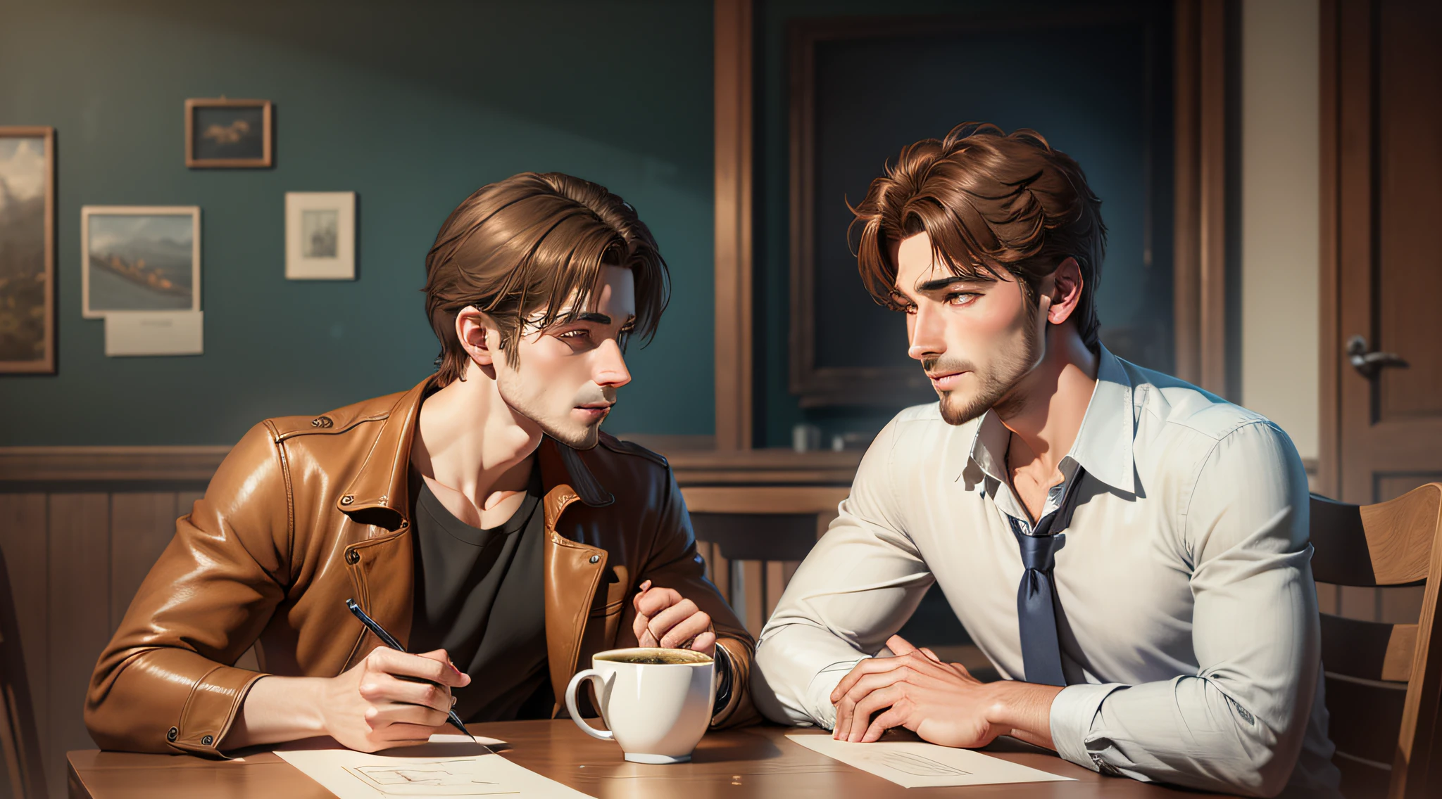 Drawing, ultra realistic, 8k, extremely detailed, in the best quality, two friends, men, young, sitting one a table, with a cup of coffee