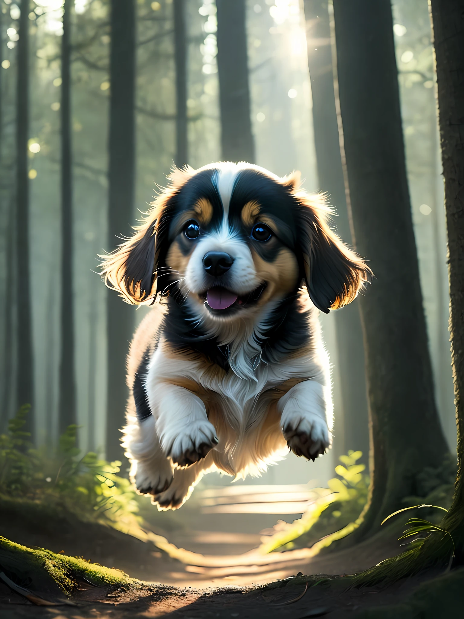 Close-up of a very cute jumping puppy in the forest, soft volumetric light, (backlight: 1.3), (movie: 1.2), intricate details, (ArtStation: 1.3), Rutkowski