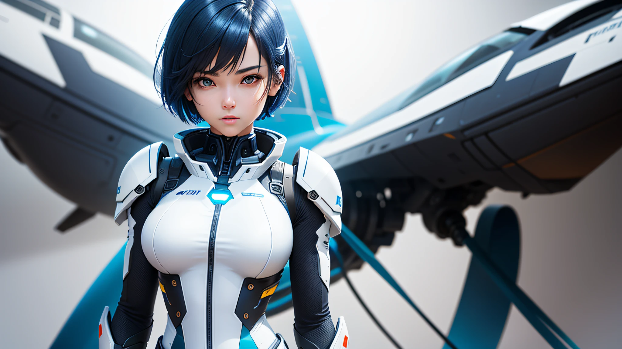 lone girl, solo, woman in her twenties, (perfect face), beautiful smile, beautiful eyes, (perfect ???????), athletic body, (sexy), blue hair, (short blue bob cut hair), (perfect hands), (medium photography), looking at the viewer, realistic, face is Japan person, full body figure, small breasts, sparkly blue color eyes, white and blue color flight suit, tight fit clothes, full body covering clothes, beauty, Slim Body, Exoskeleton, Gundam, Metal Gear, Eye Level Shot, Exoskeleton, Heroine, Headset, Long Boots, Gloves, Airplane Cockpit, Warning Light, Measuring Instrument, Radar Equipment, Control Stick, Front-facing, Beauty, Medium, Shirt Lift, Metal Wire, Slim Body, Arm-Length Gloves, Anime Heroine, 3D Face, Beautiful Girl, Beautiful Face, Cute, Girl Face, Perfect body, Medium breasted, Slim waist, Slim legs, (High detail skin:1.2), Glowing eyes, Goddess, Natural skin texture, Shiny skin, White skin, Beautiful detailed face, Detailed face, Real skin texture, Cute delicate face, Fine face, Golden ratio, Golden ratio face, Expressive eyes, Perfect face, Perfect skin, Perfect face, Clear face, Shiny hair, pale skin, suitable body proportions, realistic skin texture, luscious lips, shiny lips, natural makeup, beautiful bright pupils, slender figure, complex eyes, detailed pupils, fine face and eyes, headgear, mechanical halo, star halo, complex mechanical bodysuit, mecha corset, bodysuit, full armor,