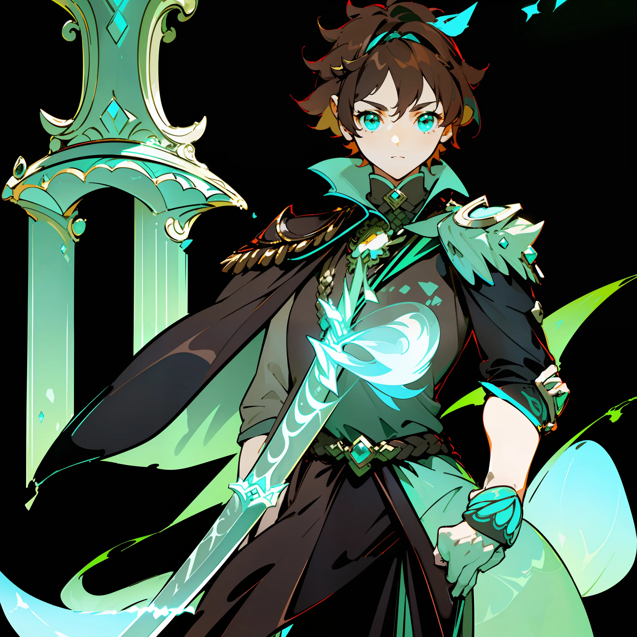 (dark brown hair:1.2), (one-handed aquamarine sword and light green:1.3), (mostly black leather), high-contrast background, next to an ancient stone statue.