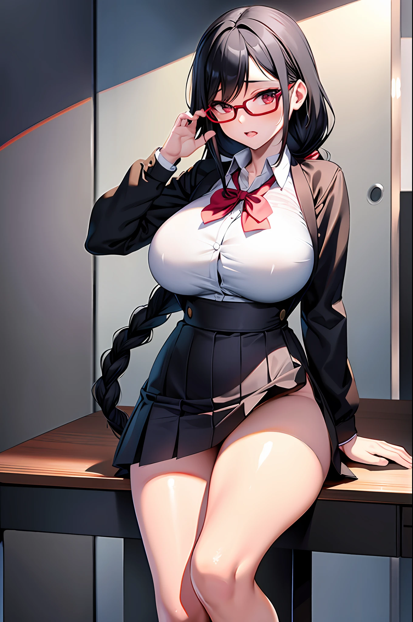 schoolgirl, big breasts, long black hair untangled, black hair, two twisted braids, double ponytail, red glasses, twisted eyes, long eyelashes, nice and cute big breasts, miniskirt, big boobs, thighs, anime style, emphasis big boobs, naughty anime style, ecchi sexy thighs, naughty thighs, smooth anime CG art, surreal schoolgirl, seductive anime girl, realistic schoolgirl, smooth anime CG art, anime girl, beautiful anime schoolgirl, beautiful anime girl, Beautiful attractive anime girl, ecchi anime style, realistic rendering of anime girl,