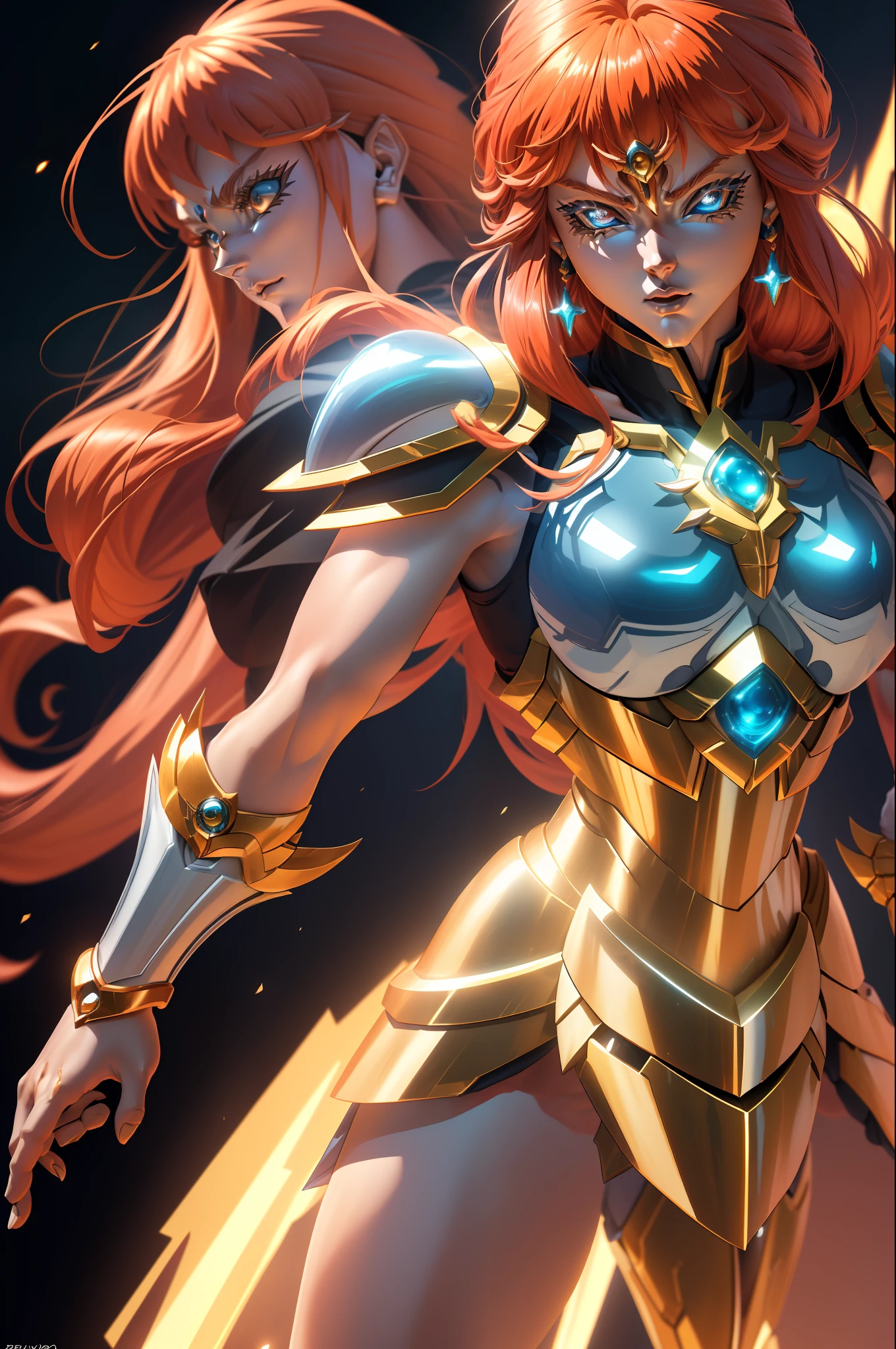 [(Saint Seiya:1.5) + (Cavaleiros do zodíaco:1.5)] | (best quality + high resolution + ultra-detailed) | (dynamic posing + dynamic angle + intense emotion) | (1 girl + strong physique + armor) | (red + golden hair: 1.3 + blue eyes) | (divine light + epic battle scenery)