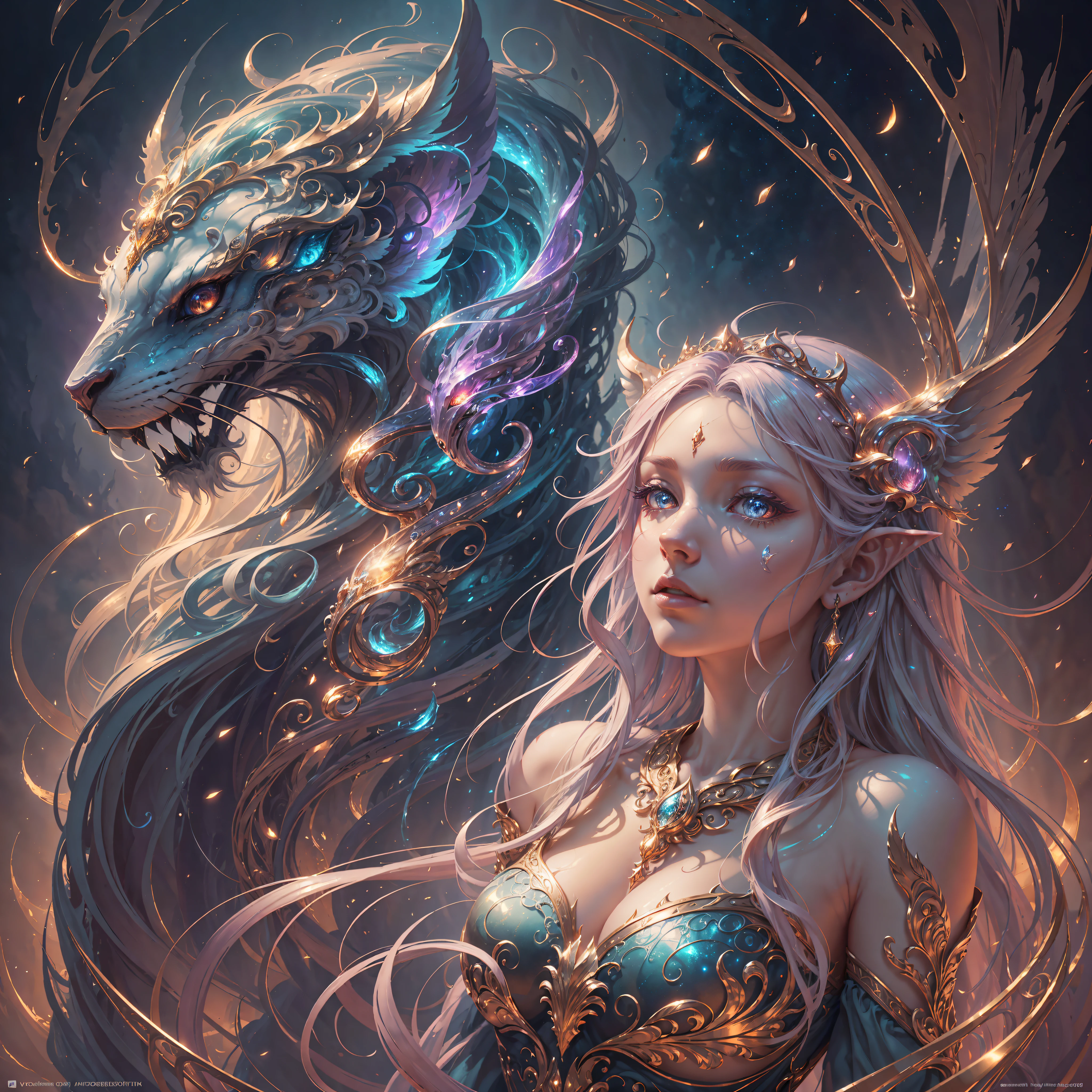 ((masterpiece)), (ultra-detailed), (intricate details), (high resolution CGI artwork 8k), Create artwork of an interesting celestial being with a stunning chimera winding around her. The chimera should be colorful and beautiful and highly detailed. The figure should be delicate and mysterious with hair dissolving into bright stars. Pay close attention to detailed faces with small details such as mesmerizing eyes with realistic shading. The artwork's color palette should be based on fairytale fantasy, mythic fantasy, and high fantasy with saturated colors. The image should feature a dreamlike, ethereal atmosphere with shimmering details and gossamer details. The background should be interesting but subtle, with the focus remaining on the figures in the foreground. Camera: Prioritize compelling and dynamic composition. Lighting: Utilize atmospheric and volumetric lighting and dynamic lighting to emphasize the image's awe-inspiring aura. Choose an angle that highlights the character's beauty and enhances the magical majesty of the artwork. Consider popular trends in fantasy images such as those from ArtStation and Midjourney. Resolution: Aim for a high-resolution artwork to showcase intricate details and clarity.