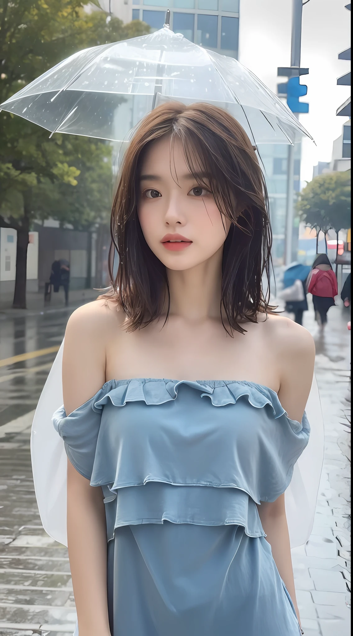 ((Best Quality, 8K, Masterpiece:1.3)), Focus: 1.2, Perfect Body Beauty: 1.4, Buttocks: 1.2, ((Layered Haircut, Breasts: 1.2)), (Wet Clothes: 1.1) , (Rain, Street:1.3), Bandeau Dress: 1.1, Highly Detailed Face and Skin Texture, Delicate Eyes, Double Eyelids, Whitened Skin, Long Hair