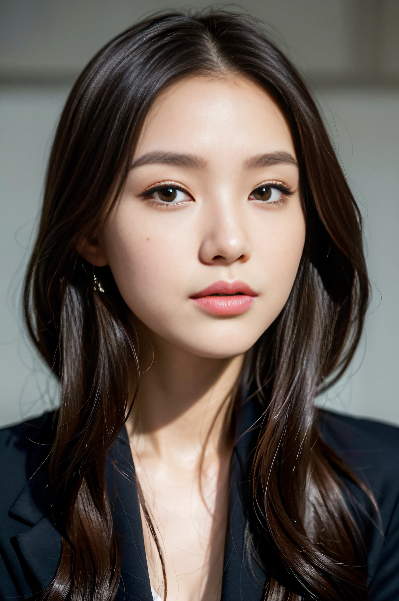 A woman, brown wavy long hair, gentle, (melon face: 1.3), (royal sister: 1.3), best picture quality, (masterpiece: 1.3), (super resolution: 1.2), (blazer, suit skirt, black stockings: 1.6), (black eyes: 1.2), (big eyes, high nose bridge, small mouth: 1.4), (young: 1.3), (Detailed face close-up: 1.5), (Realistic skin texture: 1.3), (Realistic: 1.4), (Realistic physical rendering: 1.5), (Realistic light and shadow effects: 1.4), (Head portrait photo: 1.4), (Chinese beauty: 1.7)