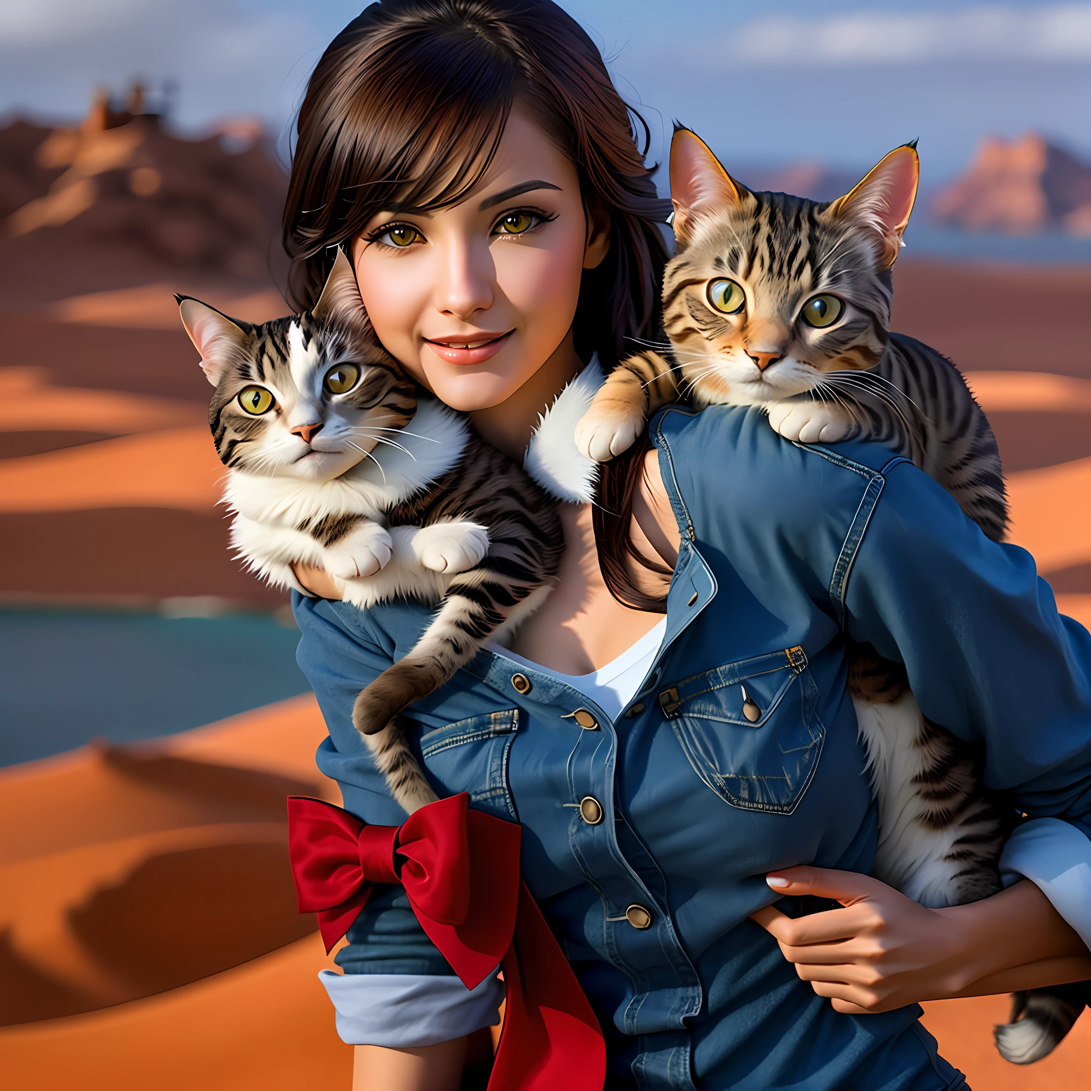 Create an ultra-realistic image of a cat on a woman's shoulder, nestled in the red sea