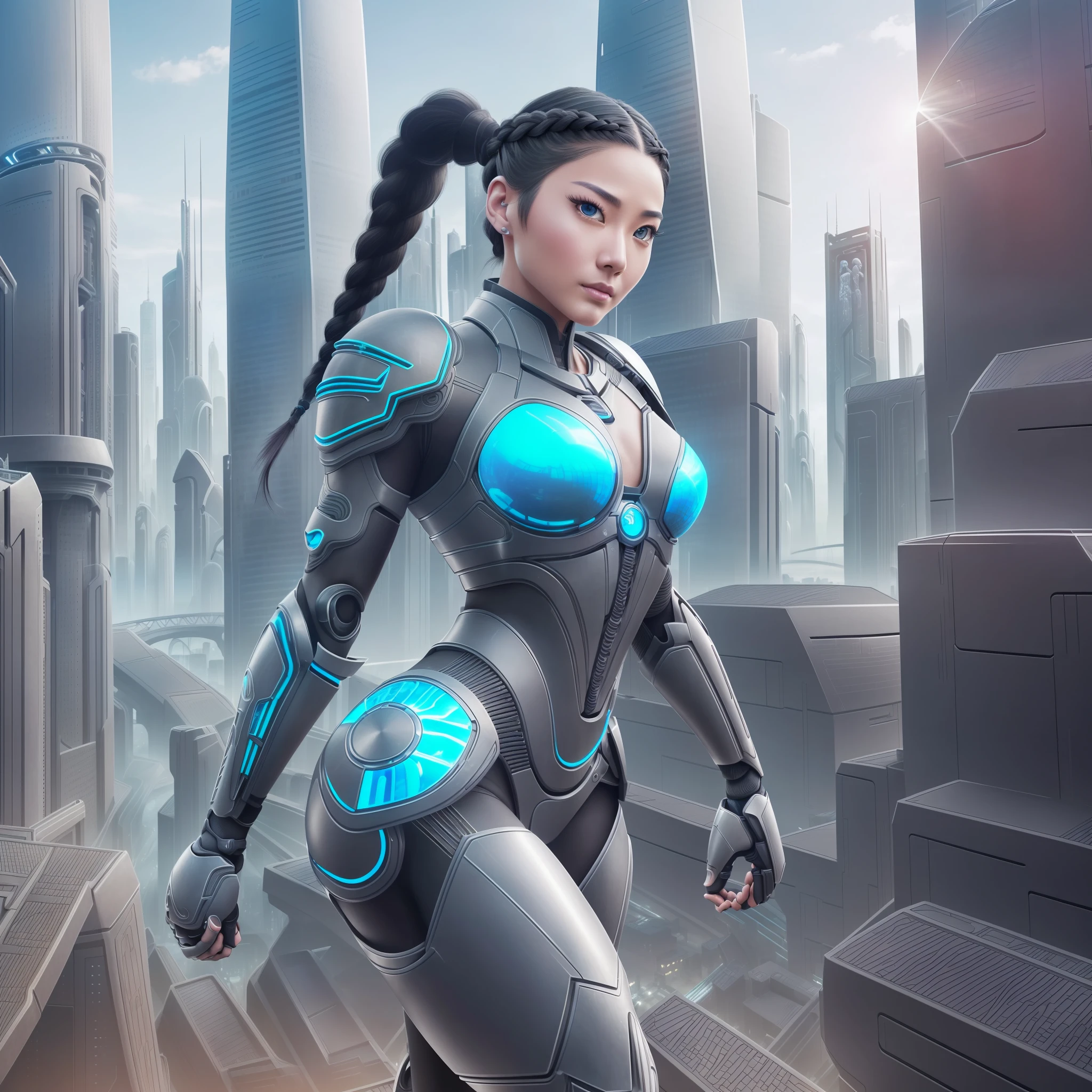 woman in her 20s, Asian,(perfect face), defined chin, beautiful lips,(beautiful bright blue eyes),
(long black braided ponytail hair),(perfect anatomy),(athletic body),(sexy),(perfect hands),
(matte gray biomechanical armor),(looking at observer),(mid-plane photograph),(futuristic city background),
ultra detailed realistic photo --auto --s2