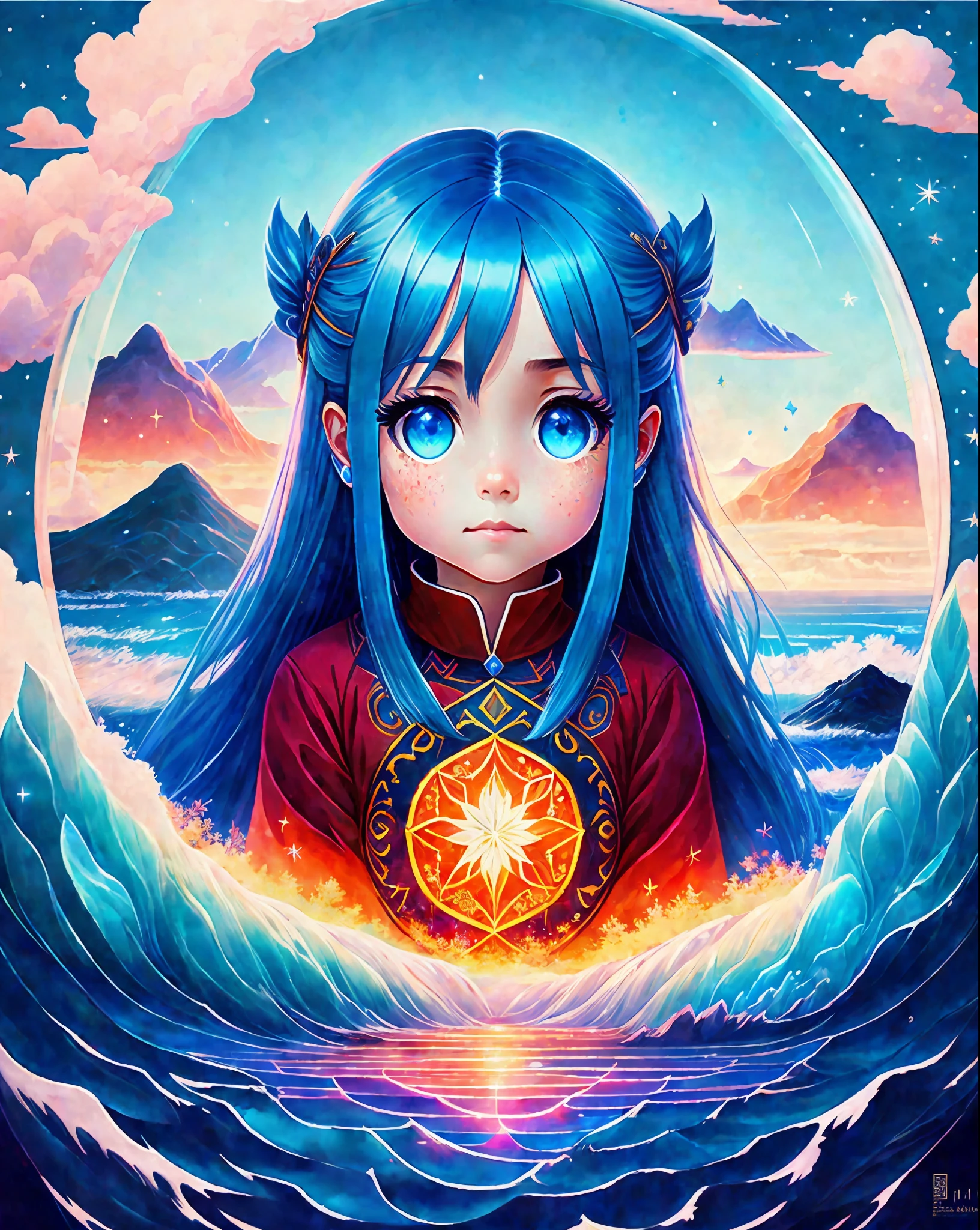 A little girl (aqua_konosuba) and a beautiful land full of water and lava, intricate, masterpiece, expert, insanely detailed, 4k, composition, framing, centered, symmetry, painted, intricate, volumetric lighting, beautiful, rich masterpiece of deep colors, sharp focus, ultra detailed, in the style of dan mumford and marc simonetti, astrophotography, blue eyes, long blue hair