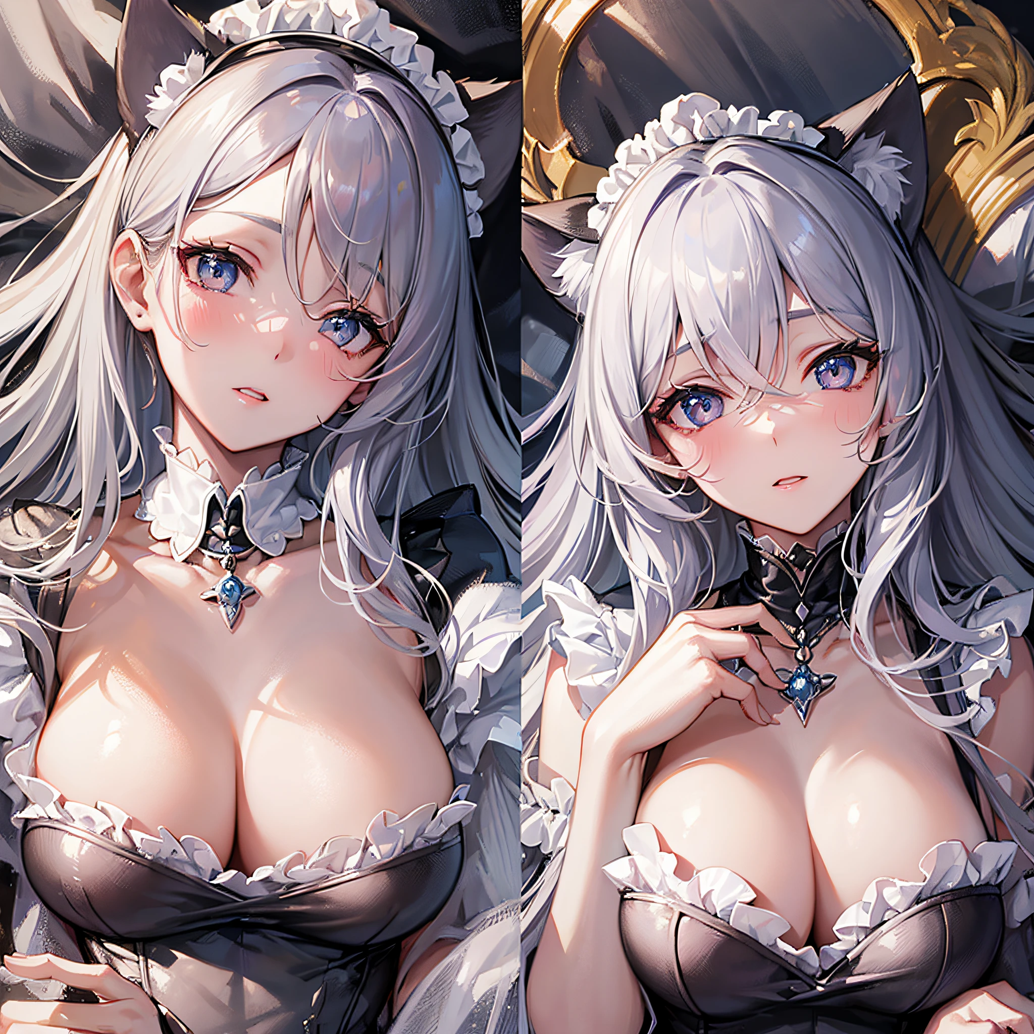 Absolutely beautiful cat lady, perfect slim body, mature royal sister, gray hair, royal sister face, maid outfit, sexy and alluring, beautiful face, bust, 4K picture quality, big body, feminine expression, blush shy, outrageously large bust, deep eyes, open clothes, lying down