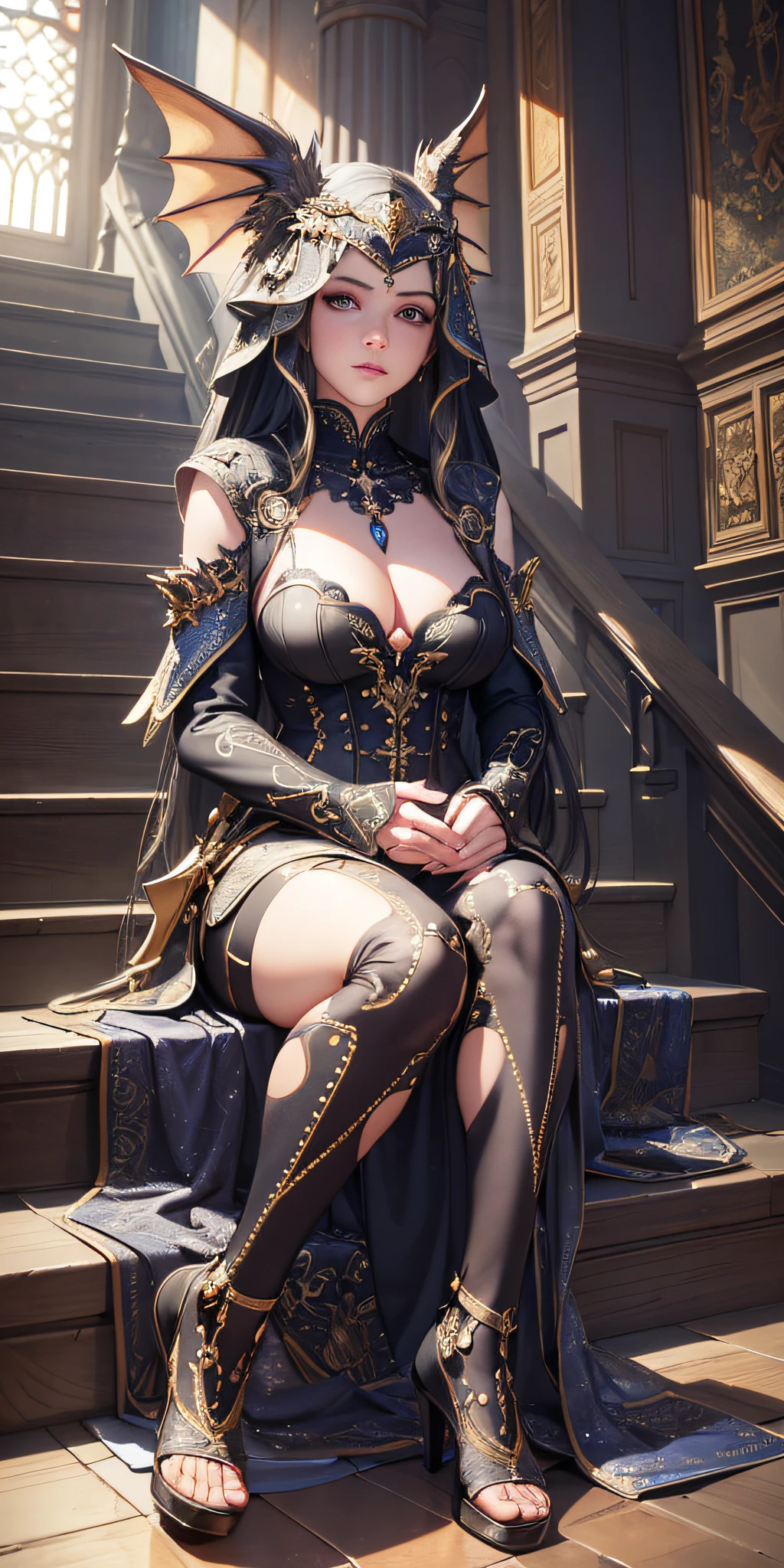 A very pretty lady sitting on a set of stairs with a dragon beside her, adorned with symbols, realistic textures, ultra-detailed fine art photography, sharp focus , (((masterpiece, masterful))), 8k resolution, full body, (backlight: 1.4), realistic face, production cinematics, character rendering, ultra high quality model, natural lighting, symmetrical eyes, realistic textures, ultra-detailed fine art photography, sharp focus , (((masterpiece, masterful))), 8k resolution, full body, (backlight: 1.4), realistic face, production cinematics, character rendering, ultra high quality model, natural lighting, symmetrical eyes, (( beautiful 2.1 )), (ultra-high resolution: 1.2), (hyper-realistic: 1.4), (photorealistic: 1.2), unreal engine 5, gopro max 360 wide angle lens.