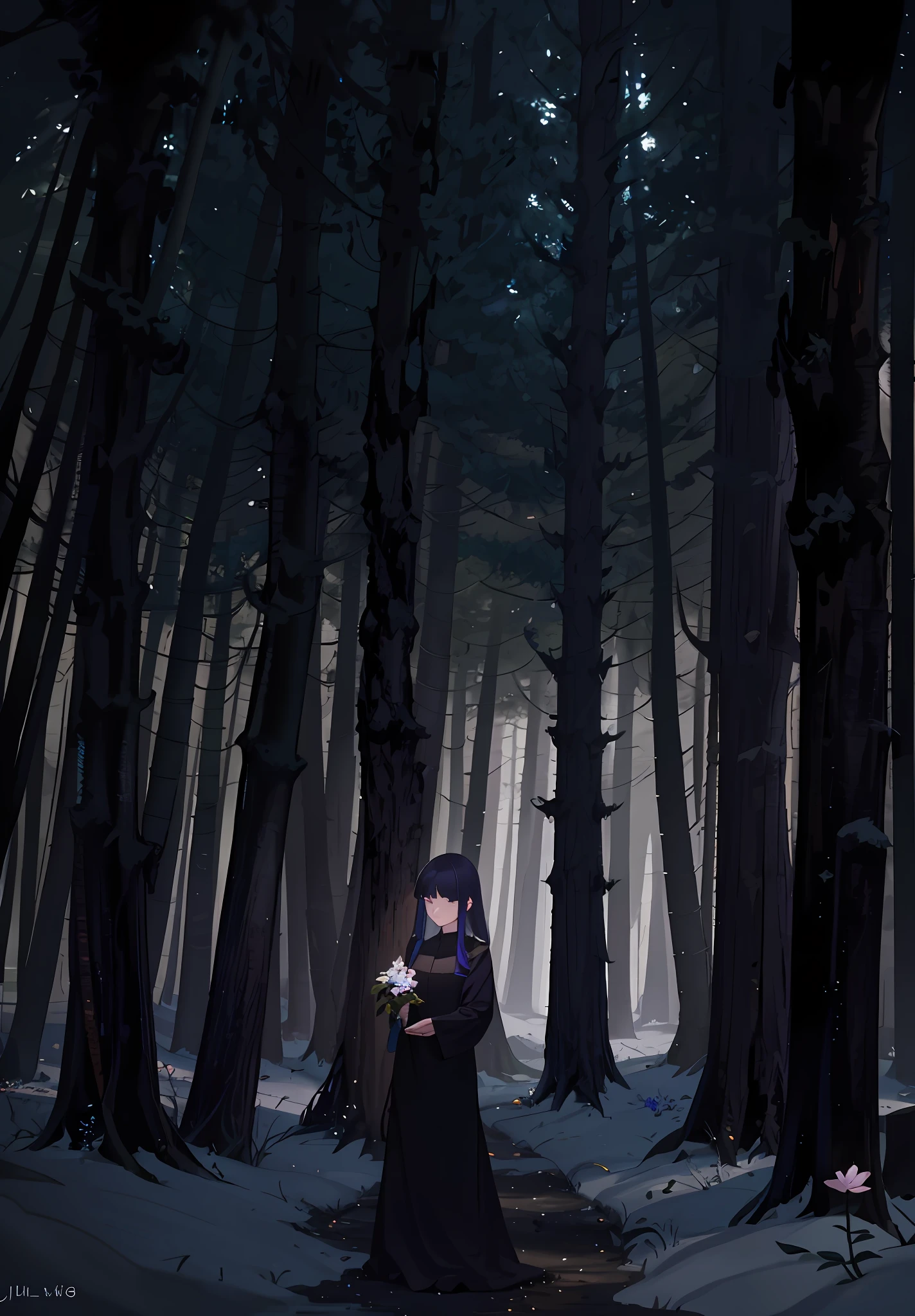 there is a woman standing in the woods holding a flower, girl walking in dark forest, standing in a dark forest, in a dark forest, woman in a dark forest, in the dark forest, anime lush john 8k woods, in dark forest, walking into a deep dark florest, in the middle of dark forest, in a magical forest