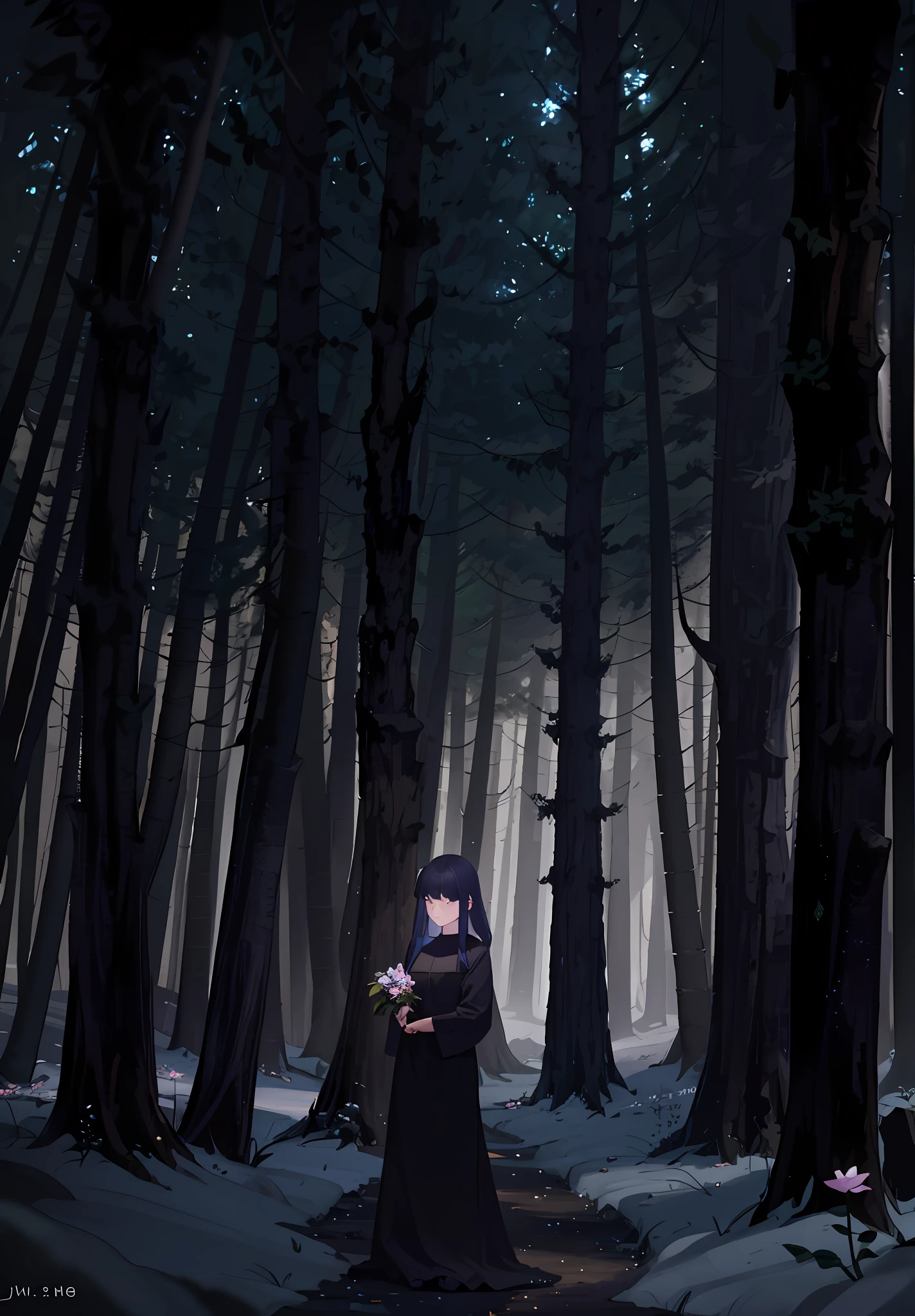 there is a woman standing in the woods holding a flower, girl walking in dark forest, standing in a dark forest, in a dark forest, woman in a dark forest, in the dark forest, anime lush john 8k woods, in dark forest, walking into a deep dark florest, in the middle of dark forest, in a magical forest
