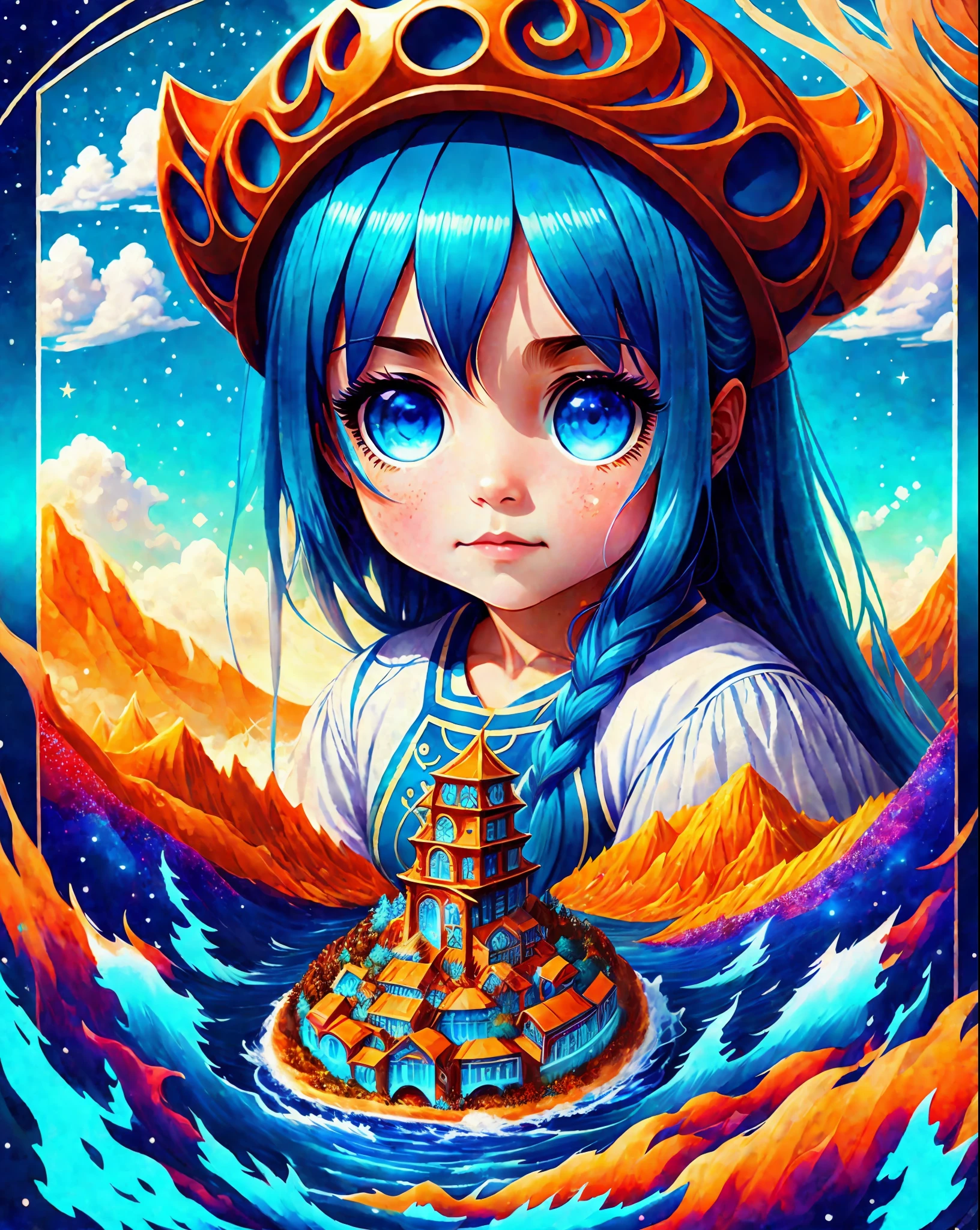 A little girl (aqua_konosuba) and a beautiful land full of water and lava, intricate, masterpiece, expert, insanely detailed, 4k, composition, framing, centered, symmetry, painted, intricate, volumetric lighting, beautiful, rich masterpiece of deep colors, sharp focus, ultra detailed, in the style of dan mumford and marc simonetti, astrophotography, blue eyes, long blue hair