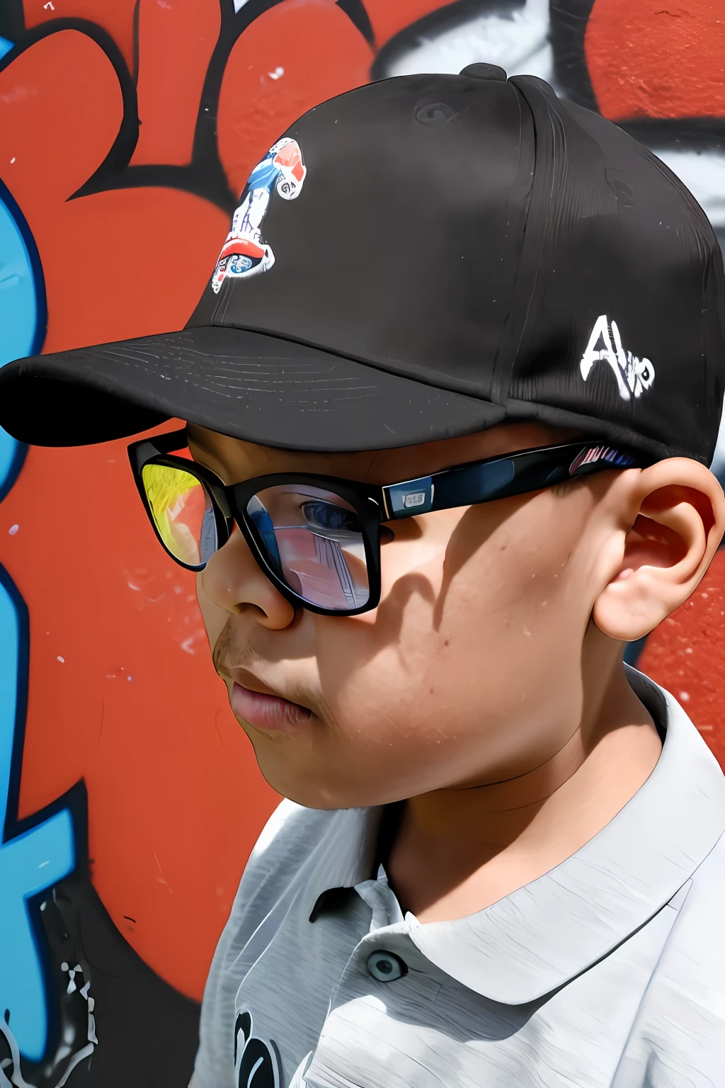guttonerdvision5, close portrait of a 3-year-old boy wearing glasses, wearing a polo collar T-shirt and cap, skin details, face details, dark brown eyes, graffiti scenery made with colored paint spray, long depth of field