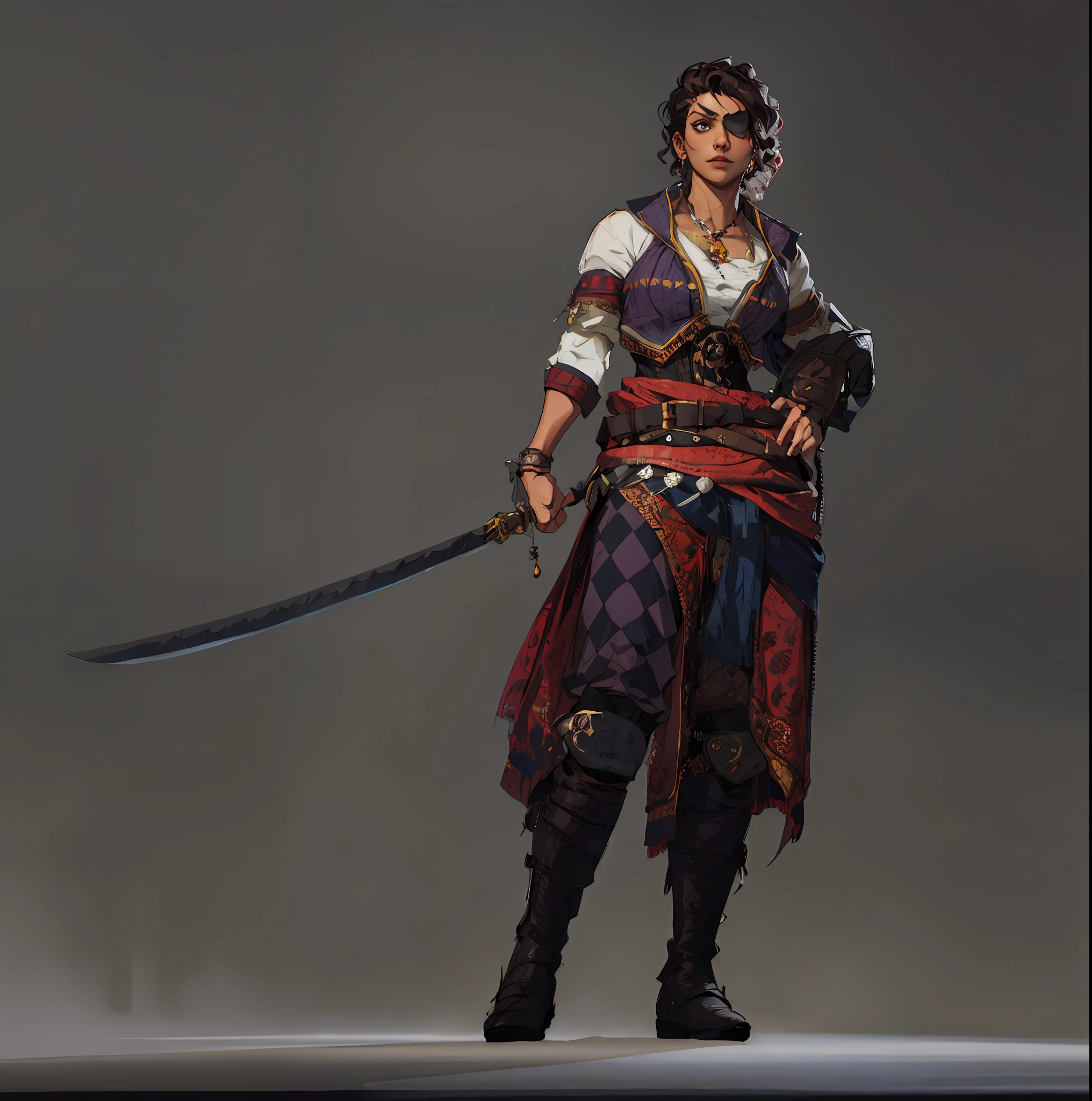 woman in gypsy clothes, dark skinned, curly hair, with an eye patch on her left eye and a saber, Female Character, Amazing 8K Character Concept Art, Female Pirate Captain, Mirabel Madrigal Rendering, Detailed Character Art, Pirate Swashbuckler Class, Awesome Character Art, Conceptual Character Pose, Full Character Portrait, Official Character Art,  Complete Character Concept Art, Female Assassin