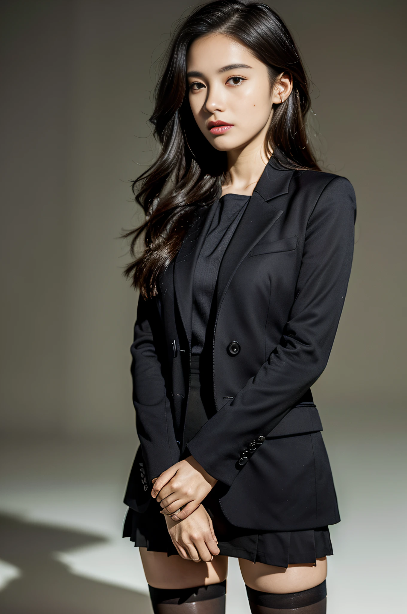 A woman, brown wavy long hair, gentle, (melon face: 1.3), (royal sister: 1.3), best picture quality, (masterpiece: 1.3), (super high resolution: 1.2), (blazer, suit skirt, black stockings: 1.6), (black eyes: 1.2), (exotic: 1.4), (young: 1.3), (Detailed face close-up: 1.5), (Realistic skin texture: 1.3), (Realistic: 1.4), (Realistic physical rendering: 1.5), (Realistic light and shadow effects: 1.4), (Head portrait photo: 1.4), (Central European Beauty: 1.7)