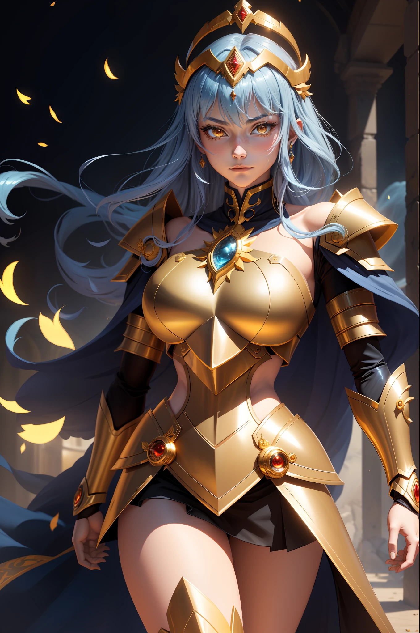 (extremely detailed CG unity 8k wallpaper,masterpiece, best quality, ultra-detailed),best illumination,an extremely delicate and beautiful,soulful,colorful shoulder armor, shine, unique face,coruscating Athena's golden sacred object,calm expression,moonlit blue glowing hair,ornate helmet, fiery cosmos, mythological spirits, eternal struggle, Os Cavaleiros do Zodíaco Saint Seiya.