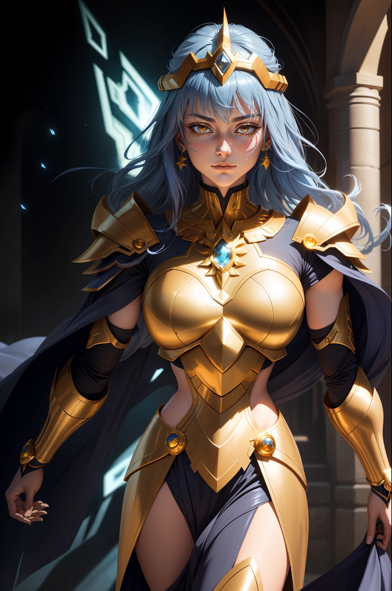 (extremely detailed CG unity 8k wallpaper,masterpiece, best quality, ultra-detailed),best illumination,an extremely delicate and beautiful,soulful,colorful shoulder armor, shine, unique face,coruscating Athena's golden sacred object,calm expression,moonlit blue glowing hair,ornate helmet, fiery cosmos, mythological spirits, eternal struggle, Os Cavaleiros do Zodíaco Saint Seiya.