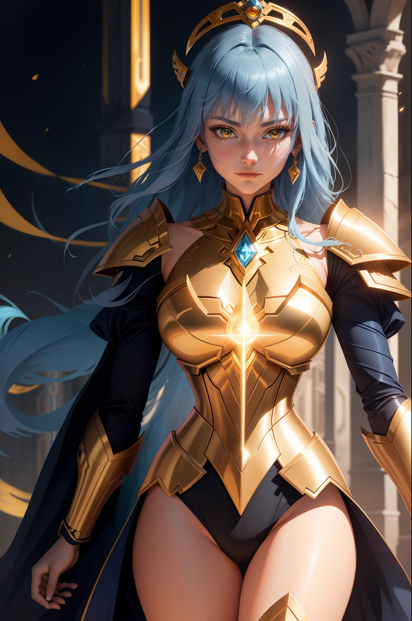 (extremely detailed CG unity 8k wallpaper,masterpiece, best quality, ultra-detailed),best illumination,an extremely delicate and beautiful,soulful,colorful shoulder armor, shine, unique face,coruscating Athena's golden sacred object,calm expression,moonlit blue glowing hair,ornate helmet, fiery cosmos, mythological spirits, eternal struggle, Os Cavaleiros do Zodíaco Saint Seiya.