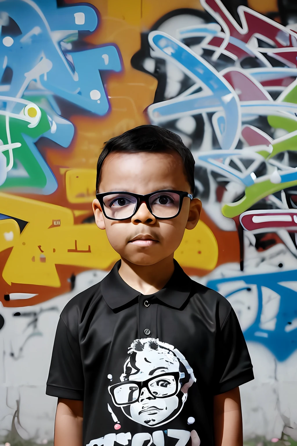 guttonerdvision5, close portrait of a 3-year-old boy wearing glasses, wearing a polo collar T-shirt and cap, skin details, face details, dark brown eyes, center of image, graffiti scenery made with colored paint spray, long depth of field