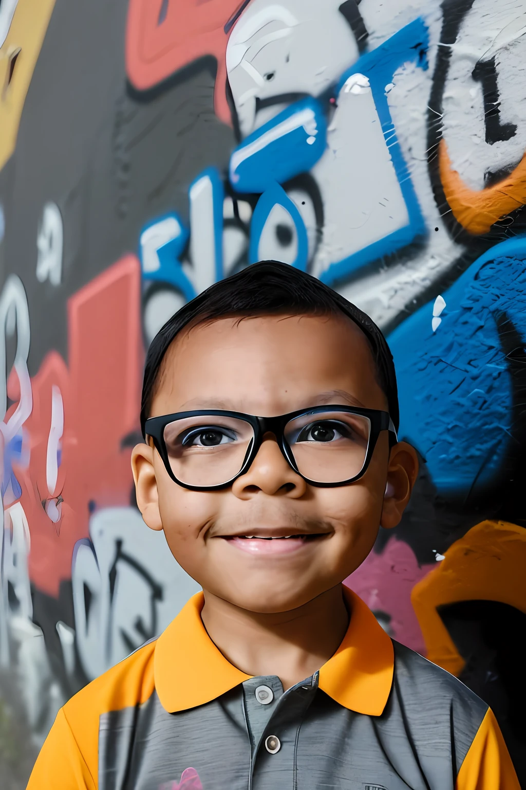 guttonerdvision5, close portrait of a 3-year-old boy wearing glasses, wearing a polo collar T-shirt and cap, skin details, face details, dark brown eyes, center of image, graffiti scenery made with colored paint spray, long depth of field