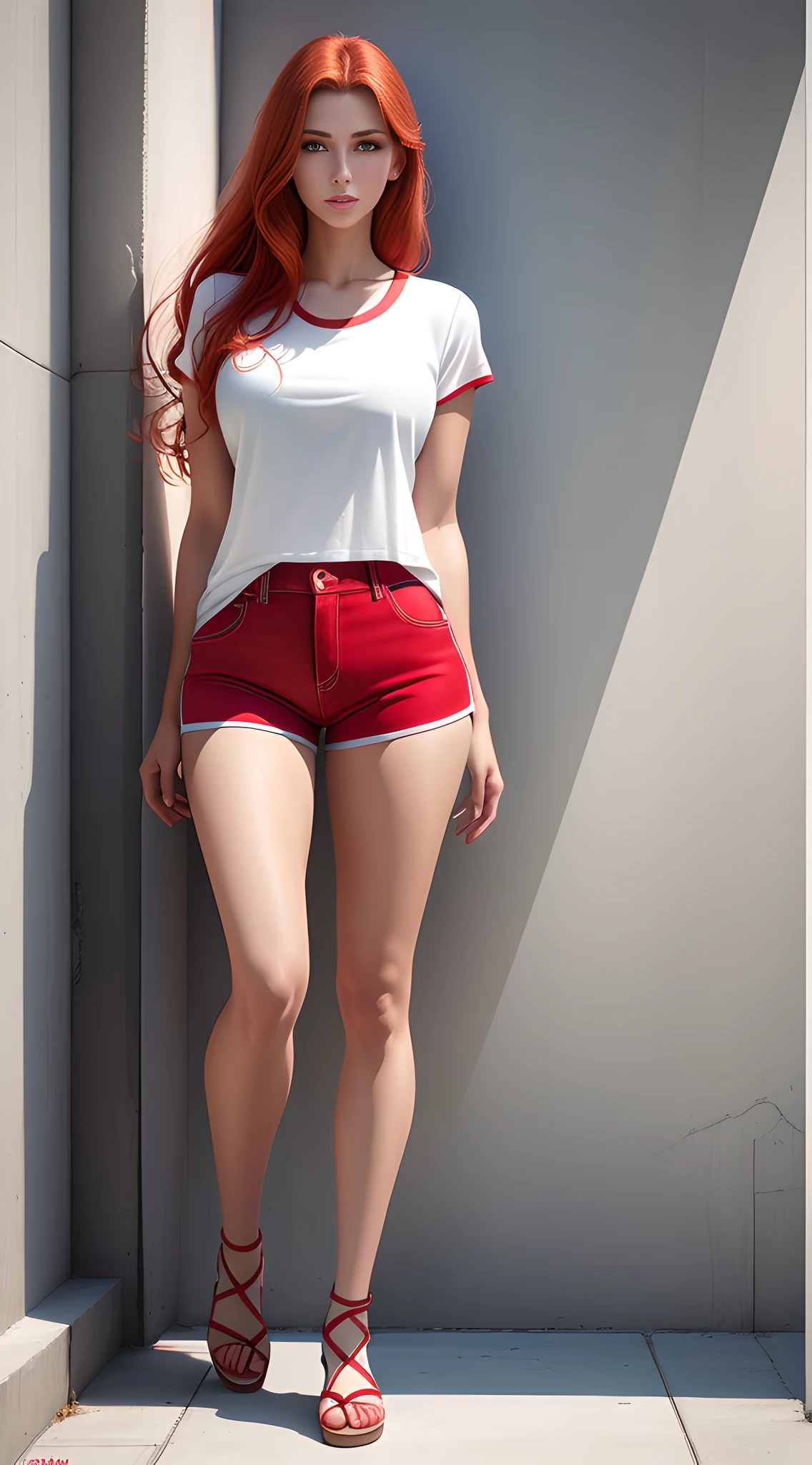 1girl, ((full body)),
A beautiful redheaded woman with ((white t-shirt and red shorts)),
She is standing in front of a gray wall,
(He wears very small, very short and very tight clothes),
(She wears sexy and provocative clothes),
((She is sexy, seductive, provocative, seductive, sensual)),
((by Greg Rutkowski)),
Highest image quality, outstanding details, ultra-high resolution, (realism: 1.4), the best illustration, favor details, highly condensed,
realistic, lifelike, highly detailed, hyperrealism, intricate, natural, natural light, high resolution, high resolution scan, max detail, ultra realistic, filigree, gorgeous, vibrant, striking, captivating, lively, dynamic, energetic, eye-catching, breathtaking