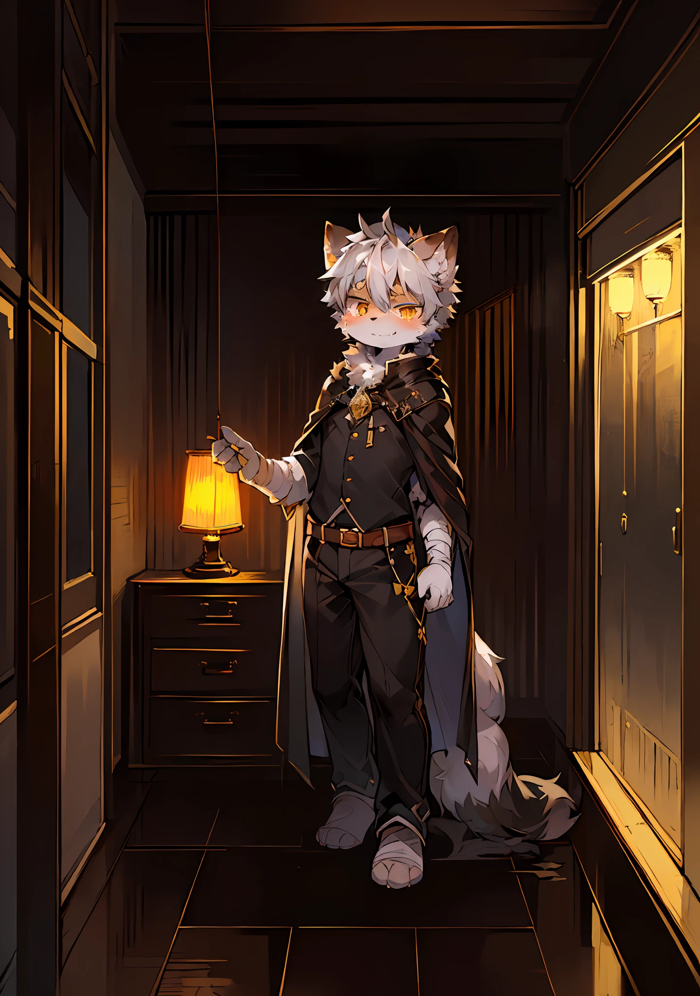 (Dark Environment: 0.5), Masterpiece, High Quality, Abstract Res, Digital Painting\(artwork\), by Dagasi, Yupa, Kiyosan, (Anthro, Fluffy Fur, Character Focus: 1.1), Anthro Male Cat, Short Hair, Portrait , bright eyes, panorama, character focus. (detailed background: 0.7), solo, furry, furry male, male focus, anthr, (full body fur, fluffy tail, gray fur, golden eyes, gray hair: 1.2), (long canine, cape: 1.2), (interior, night, street, machinery: 1.1) niji, (1boy:1.4), (jw3), cat boy, (furry: 1.5), (cub), super cute face, body hair, (full body: 1.1), Perfect Lights, (Masterpiece), (Super Meticulous), EyesGod, Looking at the Audience, Solo, Bandage, Tail, AOEU, AOEU, AOEU, AOEU