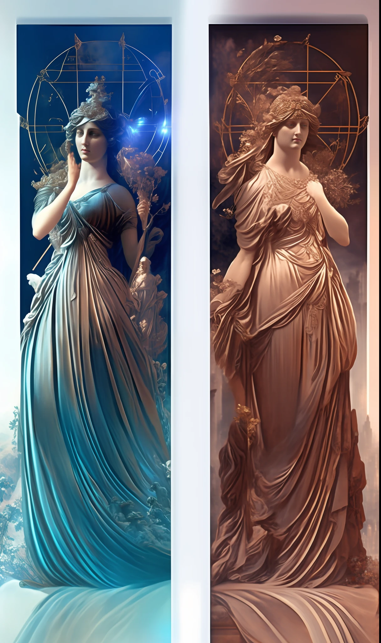 two statues of women in dresses are standing next to each other, beeple and alphonse mucha, goddess. extremely high detail, 3 d goddess portrait, artgerm. 3d shadowing effect, artgerm and wlop, artgerm julie bell beeple, wlop and artgerm, unreal engine render + a goddess