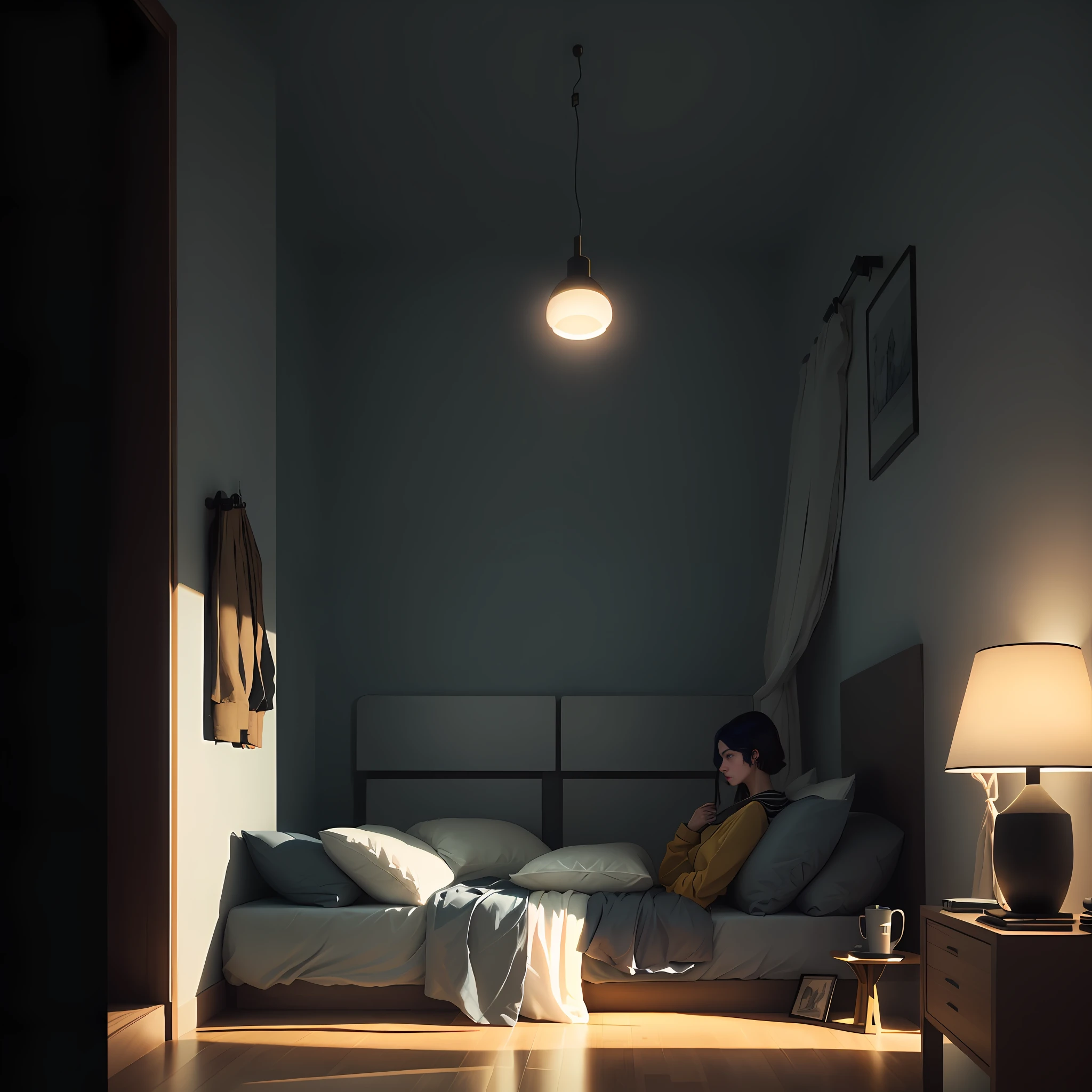 There was a room with a bed and a lamp, beautiful and cinematic lighting, calm nights. Digital illustration, realistic afternoon lighting, movie mood lighting, dim room, interior background art, beautiful movie lighting, highly detailed soft lighting, dramatic lighting rendering, Atey Ghailan 8 K, gloomy movie lighting, 3d render beep, realistic movie shooting, a girl leaning on a pillow in bed