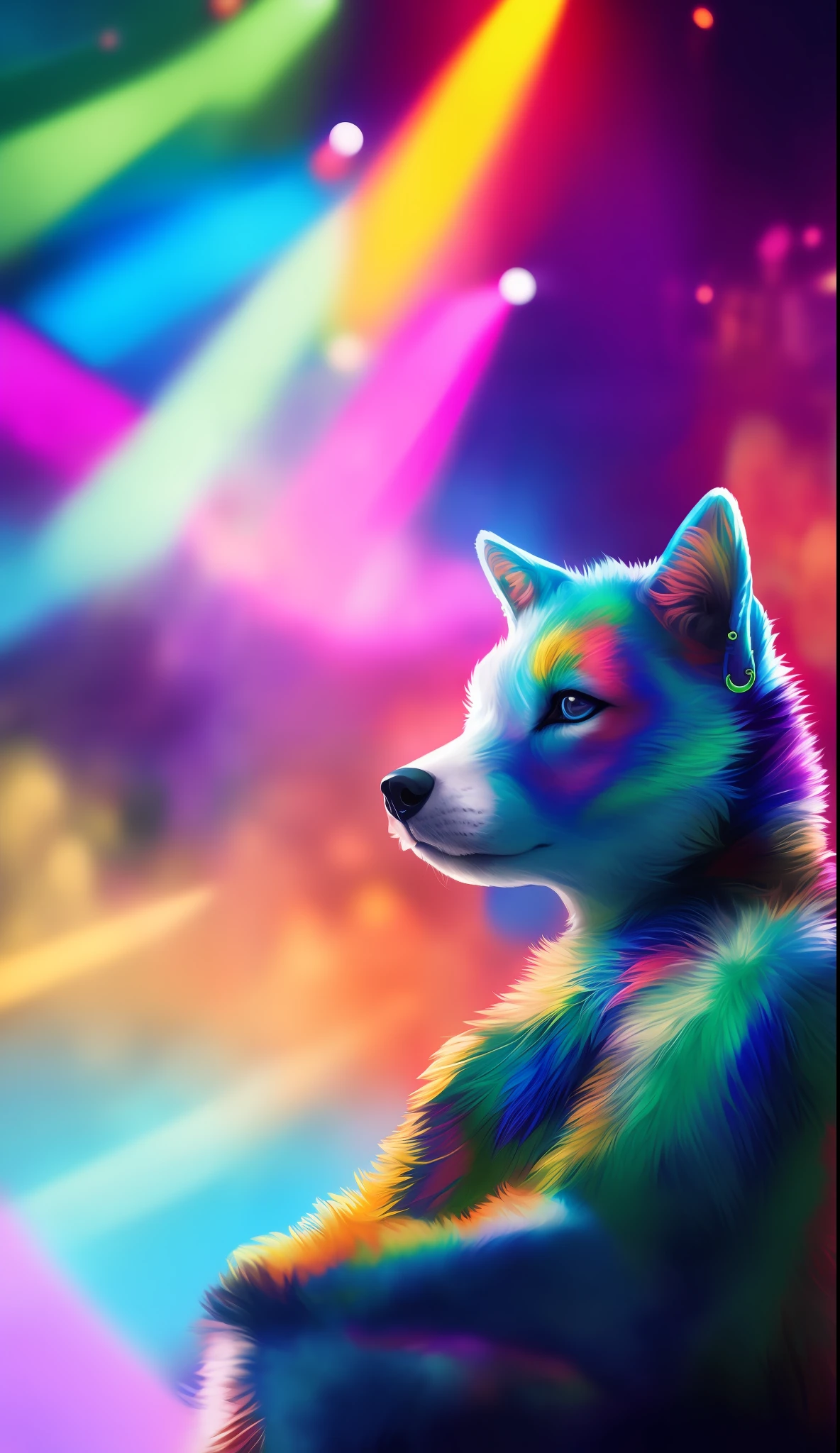 , mammal, canine, canine, human, canine, clothing, solo, fur, domestic dog, high resolution, colorful fur, white body, colorful body, ambiguous gender, inside, white fur, blue fur, digital media (artwork), dressing, black body, looking at the audience, lights, black nose, furniture, lighting, top, bust, male, piercing