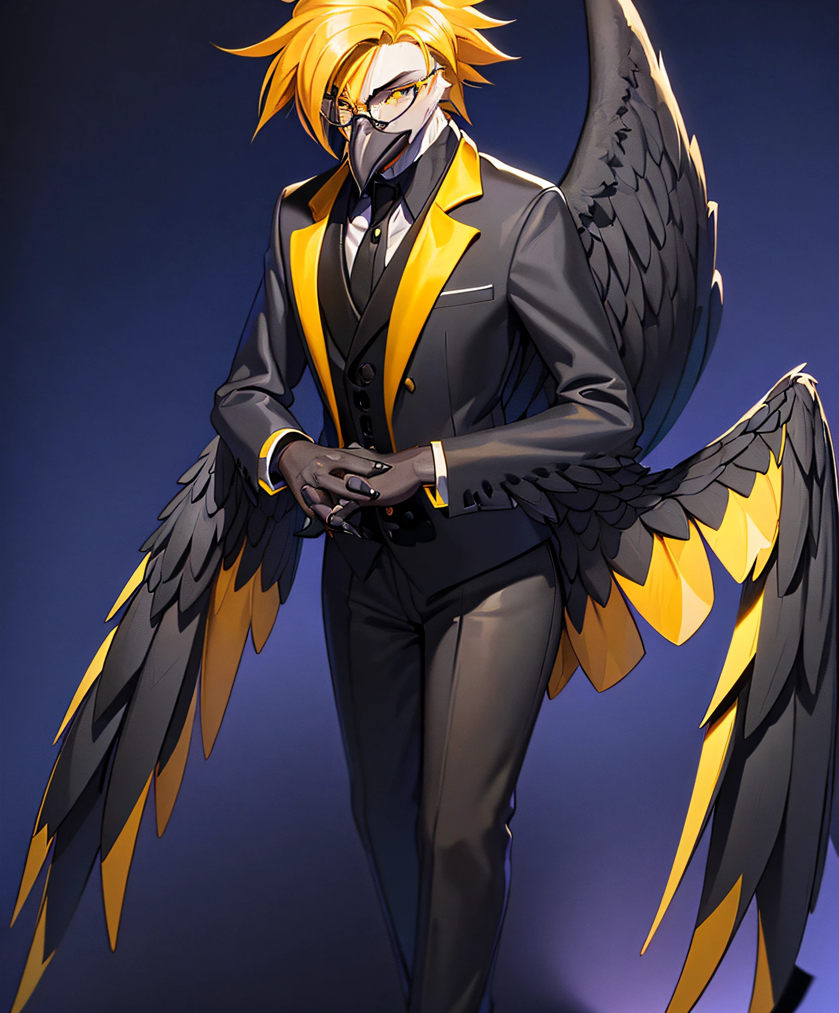 sfw,solo,male,((avian anthro furry:1.3)),(corvid:1.1),(black beak), (smug), avian, realistic bird eyes, black feathers, (black body), Athletic, (lavender gold eyes), wearing suit, ((winged-arms)), yellow tipped feathers, yellow tipped hair, spiked hair, ((wearing round glasses)), volumetric light, (yellow tail feathers), (sitting), (detailed mafia hideout background)