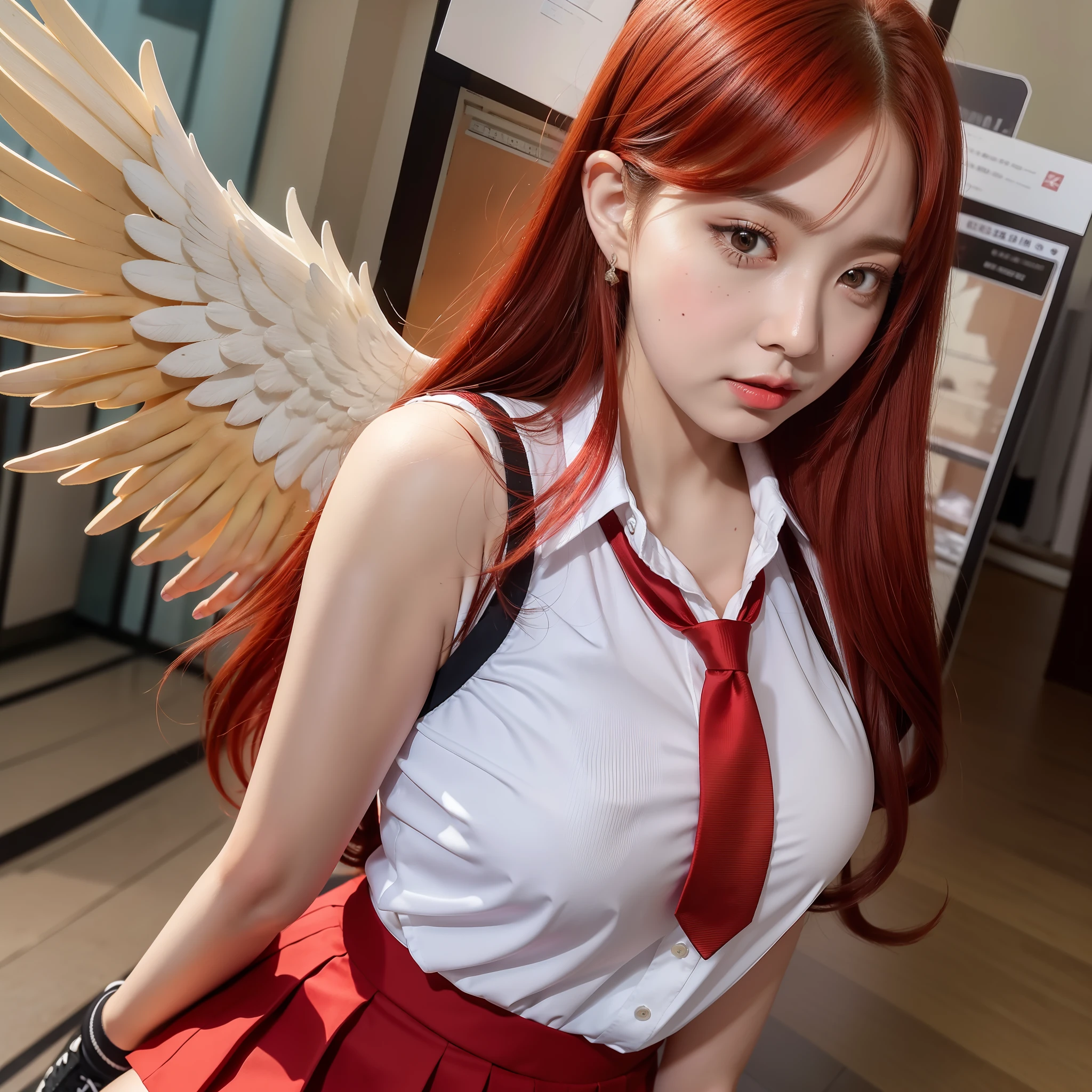 Beautiful red-haired woman with long, straight hair falling under her shoulder, wearing high school clothes, blouse with red tie and red mini skirt, high socks and all star sneakers, with large angel wings of the black color that the tips touch the floor, red makeup around the eyes making a drawing on the face, red lipstick, a mole of the left side of the mouth, perfect face, expression of shame, cute expression, perfect body, round chest, big ass, thick thighs, whole body, detailed scenery, detailed photo, masterpiece, 8k, raw photo, perfect lighting