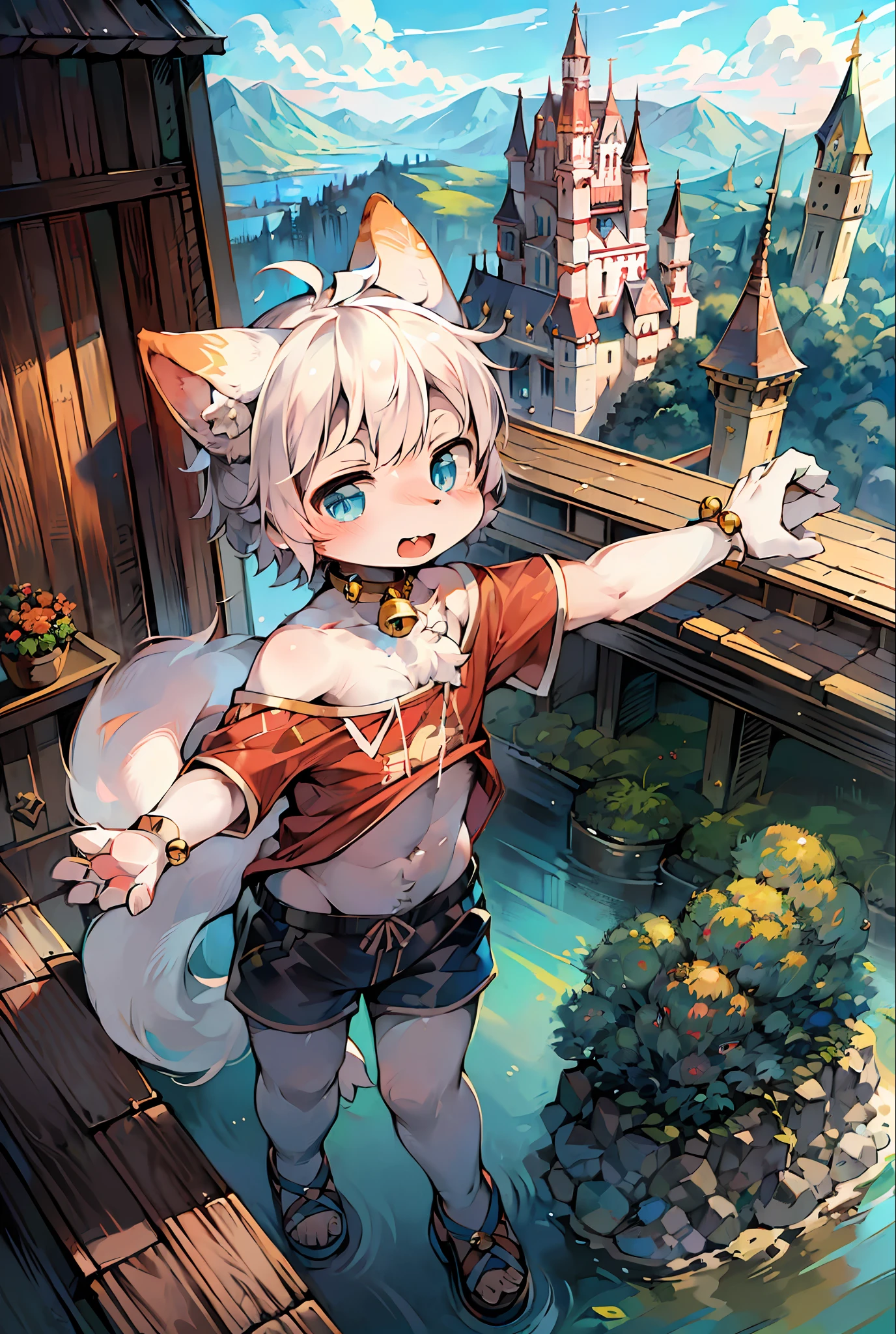 Masterpiece, high quality, absurd resolution, digital painting \ (artwork \), by dagasi, Yupa, Kiyosan, (fluffy fur, white fur, full body fur,). Boy, blue eyes, white hair, shorts, sandals, bright eyes, panorama, character focus. Detailed background, jumping, outdoors, castle in the sky, (bells, pet collars, loose clothes: 1.2)