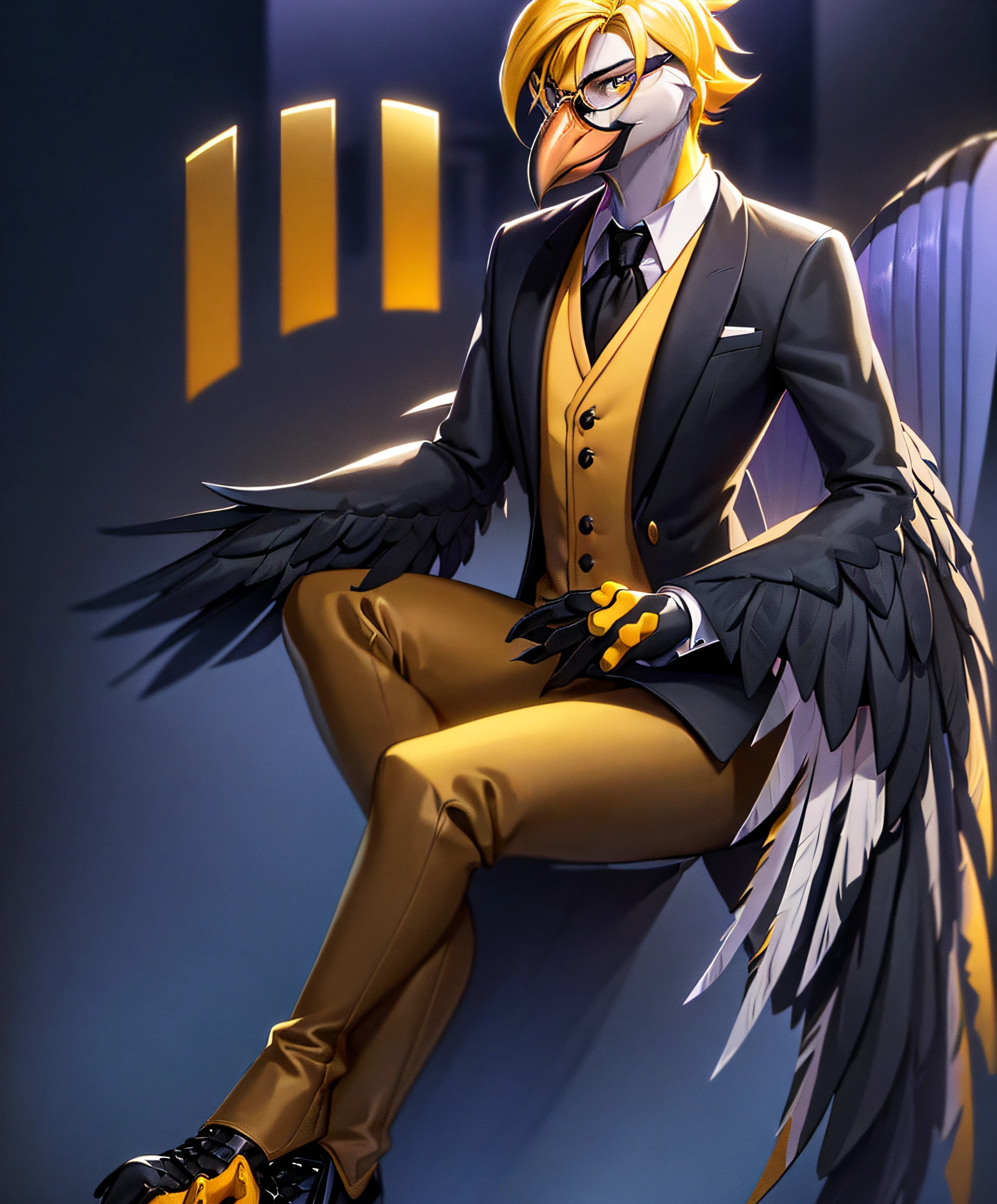 sfw,solo,male,((avian anthro furry:1.3)),(corvid:1.1),(black beak), (smug), avian, realistic bird eyes, black feathers, (black body), Athletic, (lavender gold eyes), wearing suit, ((winged-arms)), yellow tipped feathers, yellow tipped hair, spiked hair, ((wearing round glasses)), volumetric light, (yellow tail feathers), (sitting), (detailed mafia hideout background)