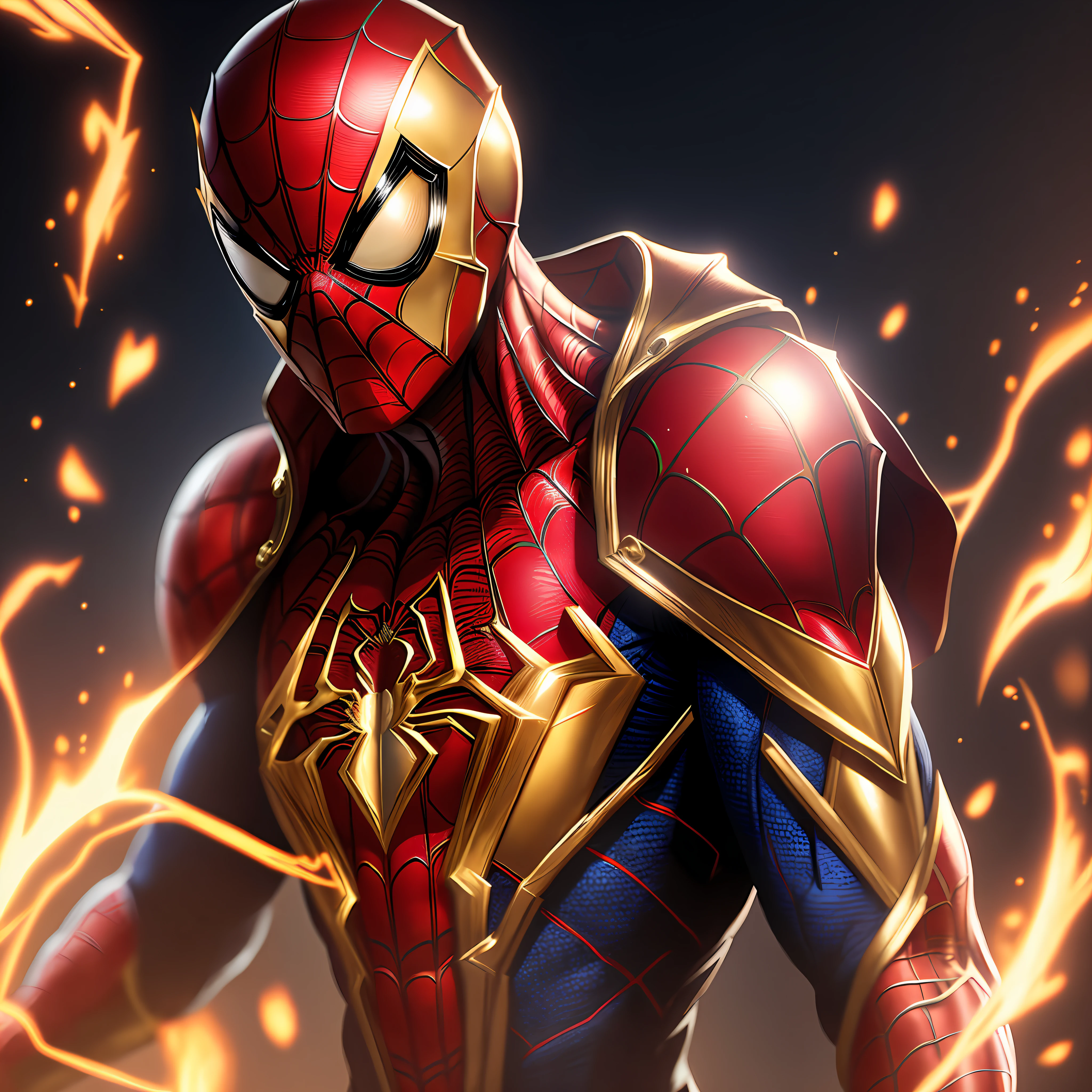 Spiderman, with gold armor, with fire web(high quality and realism) extremely detailed 4K