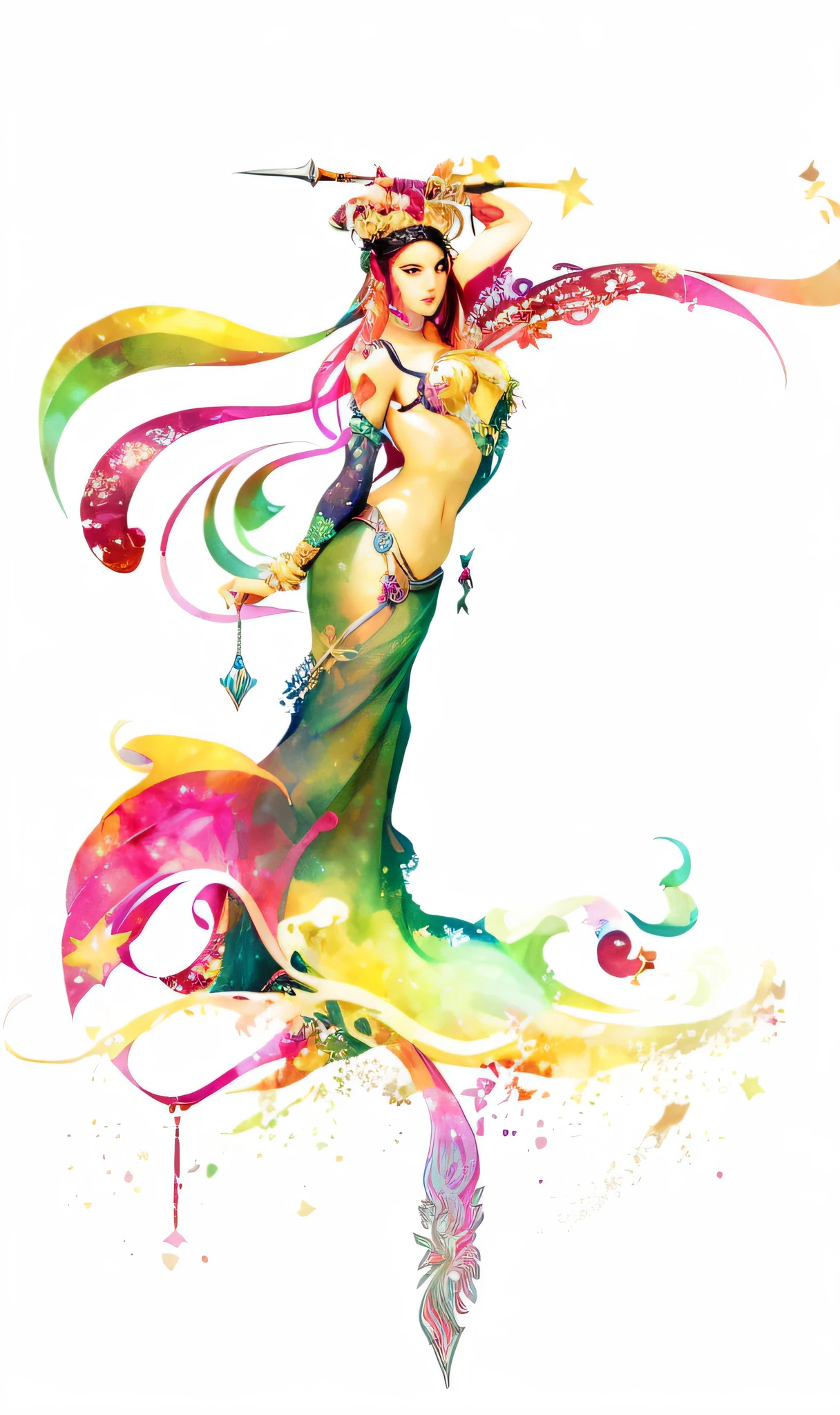 painting of a woman with a sword and a mermaid tail, colorfull digital fantasy art, a beautiful artwork illustration, colorfull illustration, exquisite digital illustration, colorful illustration, beautiful gorgeous digital art, gorgeous digital art, digital art fantasy, colorful! character design, very beautiful digital art, colorful concept art, jellyfish priestess, anime fantasy illustration, airbrush digital art