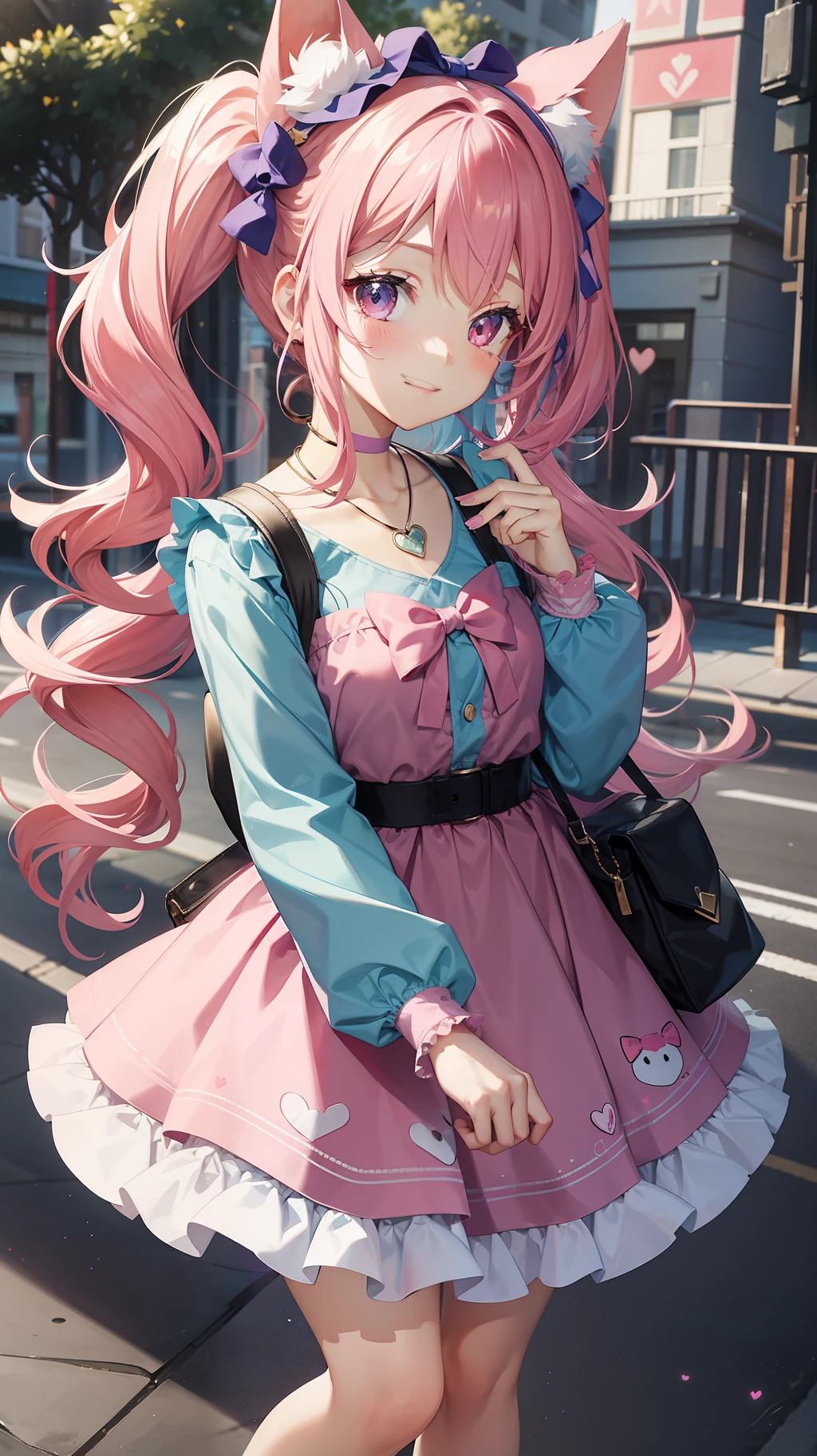 Physical characteristics:
- Height: 1.65 meters
- Hair: Long and silky pastel pink, with tufts in lavender tones.
- Eyes: Large and expressive bright pink.
- Skin: Soft and slightly tanned.

Dress:
This character has a kawaii style and urban fashion. She wears a short lolita style dress in pastel tones, with lace and bows adorning the design. Complement your outfit with striped tights and brightly colored platform shoes. He also wears a denim jacket decorated with anime character patches and a backpack with prints of unicorns and hearts.

Expressions:
- Tender look: Her bright pink eyes convey sweetness and tenderness, making her look charming and adorable.
- Radiant smile: Always shows a warm and bright smile, illuminating her face and spreading joy to those around her.
- Curious expression: His face is filled with curiosity when he discovers something new, reflecting his adventurous and playful spirit.

Hairstyles:
- Double pigtails: She usually wears her hair in two high and fluffy pigtails, decorated with colored bows to match her clothing.
- Loose hair with headband: Sometimes, she leaves her hair loose and puts on a headband with cat ears, highlighting her playful and playful side.

Accessories:
- Heart necklace: She wears a necklace with a heart-shaped pendant, symbolizing her love and kindness towards others.
- Charm Bracelets: Adorn your wrists with bracelets full of charms in the shape of stars, bows and anime characters.
- Stuffed Bag: Always carry a stuffed bag in the shape of an animal, which gives you company and fun.