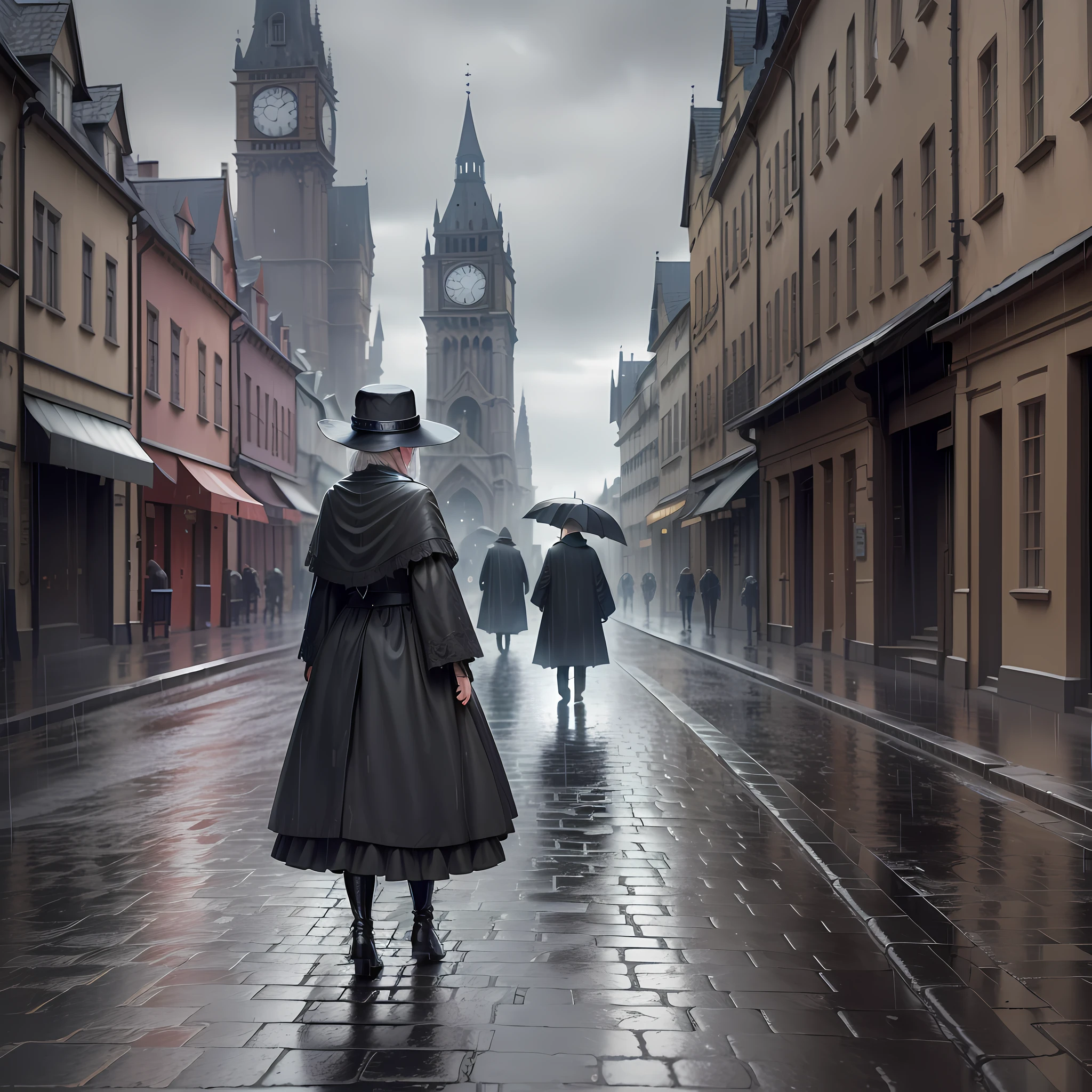 Old and old very thin, wrinkled, dressed in black, angry face on a cobblestone street (realistic, ultra-detailed, best quality CG unity 8k wallpaper, small focus, low saturation, wide shot, bleak, rainy, high contrast) Ancient and mysterious city. (behind it has a tower with a clock and a hearse that passes in the street)