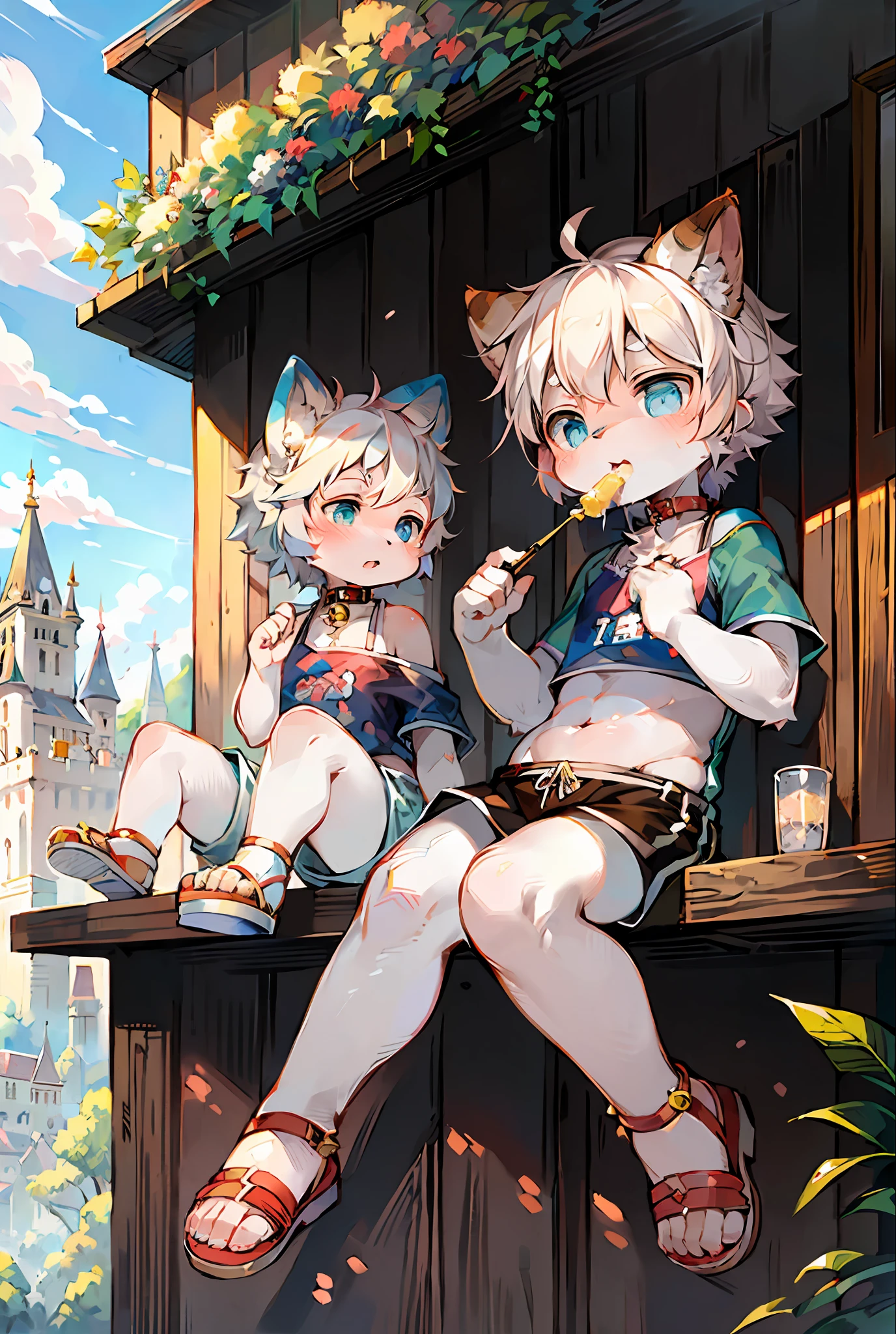 Masterpiece, high quality, absurd resolution, digital painting \ (artwork \), by dagasi, Yupa, Kiyosan, (fluffy fur, white fur, full body fur,). Boy, blue eyes, white hair, shorts, sandals, bright eyes, panorama, character focus. Detailed background, eating, outdoors, castle in the sky, (bells, pet collars, sportswear: 1.2)