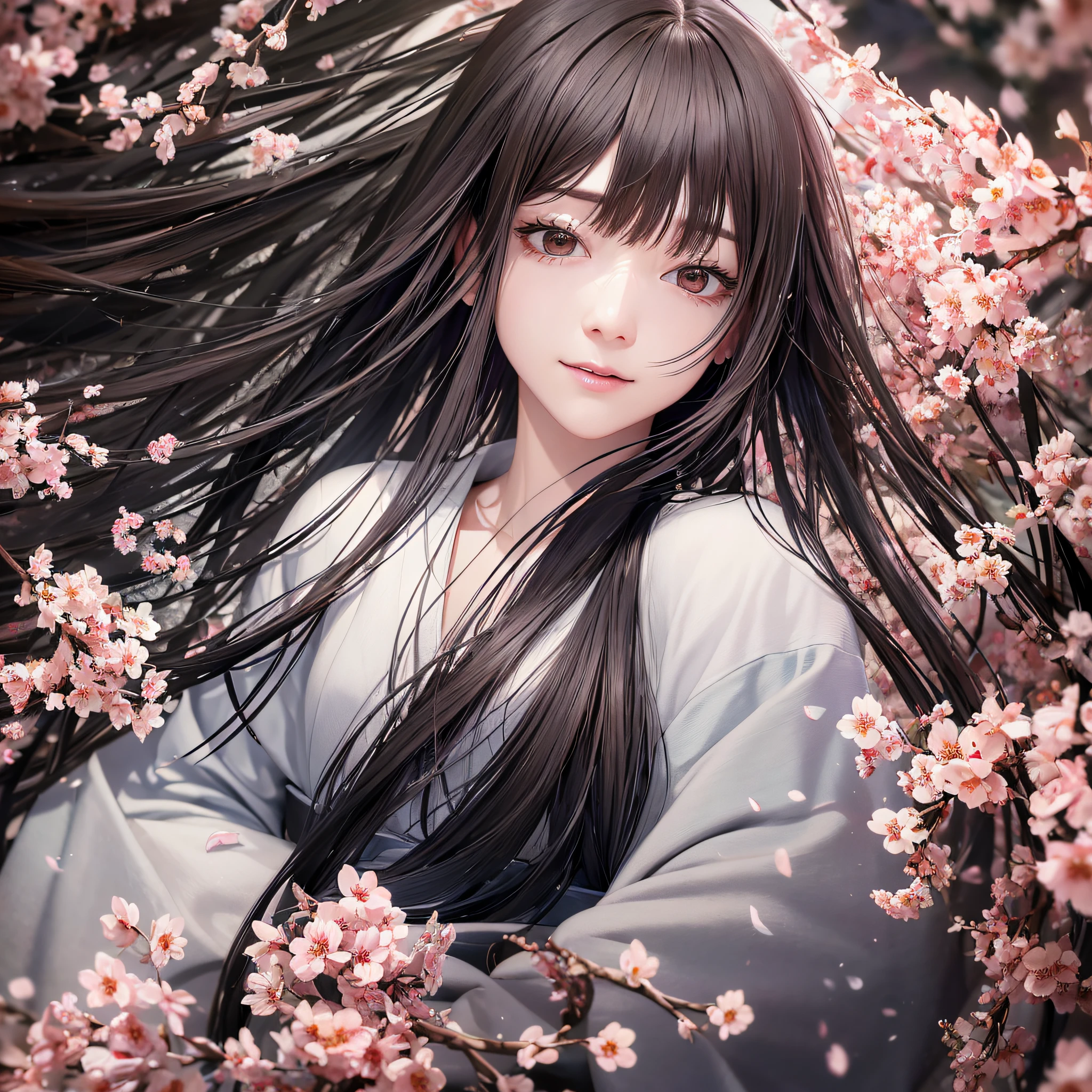 (RAW photo, highest quality), (realistic, photorealistic: 1.3), highest quality, high definition, masterpiece, super detail, illustration, 1girl, upper_body, dynamic angle, , messy_long_hair, top quality, highly detailed CG Unity 8k wallpaper, ink, wonderful, amazing, cinematic lighting, lens_flare, dunhuang_ style, black hair, white kimono, small, hagoromo, smile, cherry blossom, intelligent, Japanese, upper body, --auto --s2