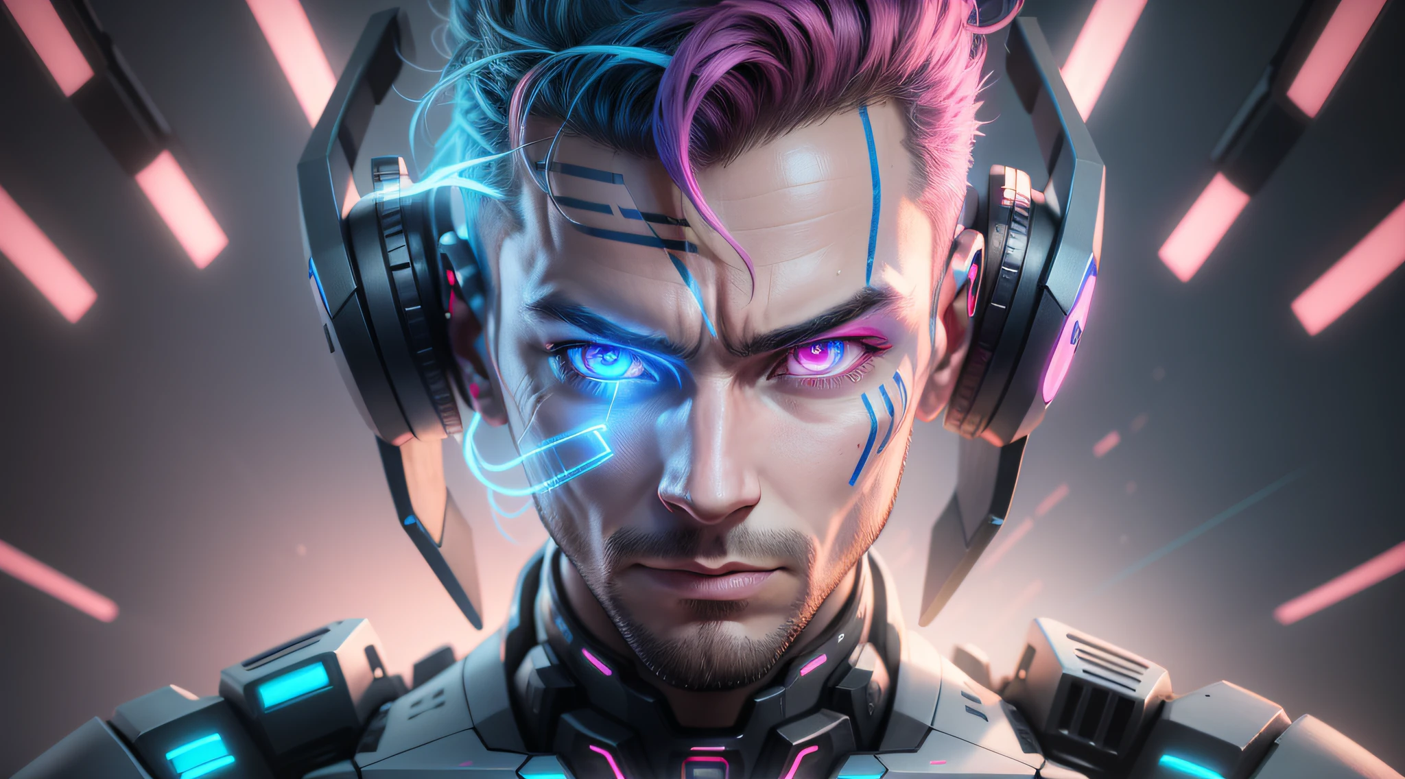 A photorealistic portrait of a cyborg man with bright blue and pink eyes, bright neon lights, lines of code intertwine, futuristic drones fly, extended shadows reveal the loss of autonomy and the imminent threat